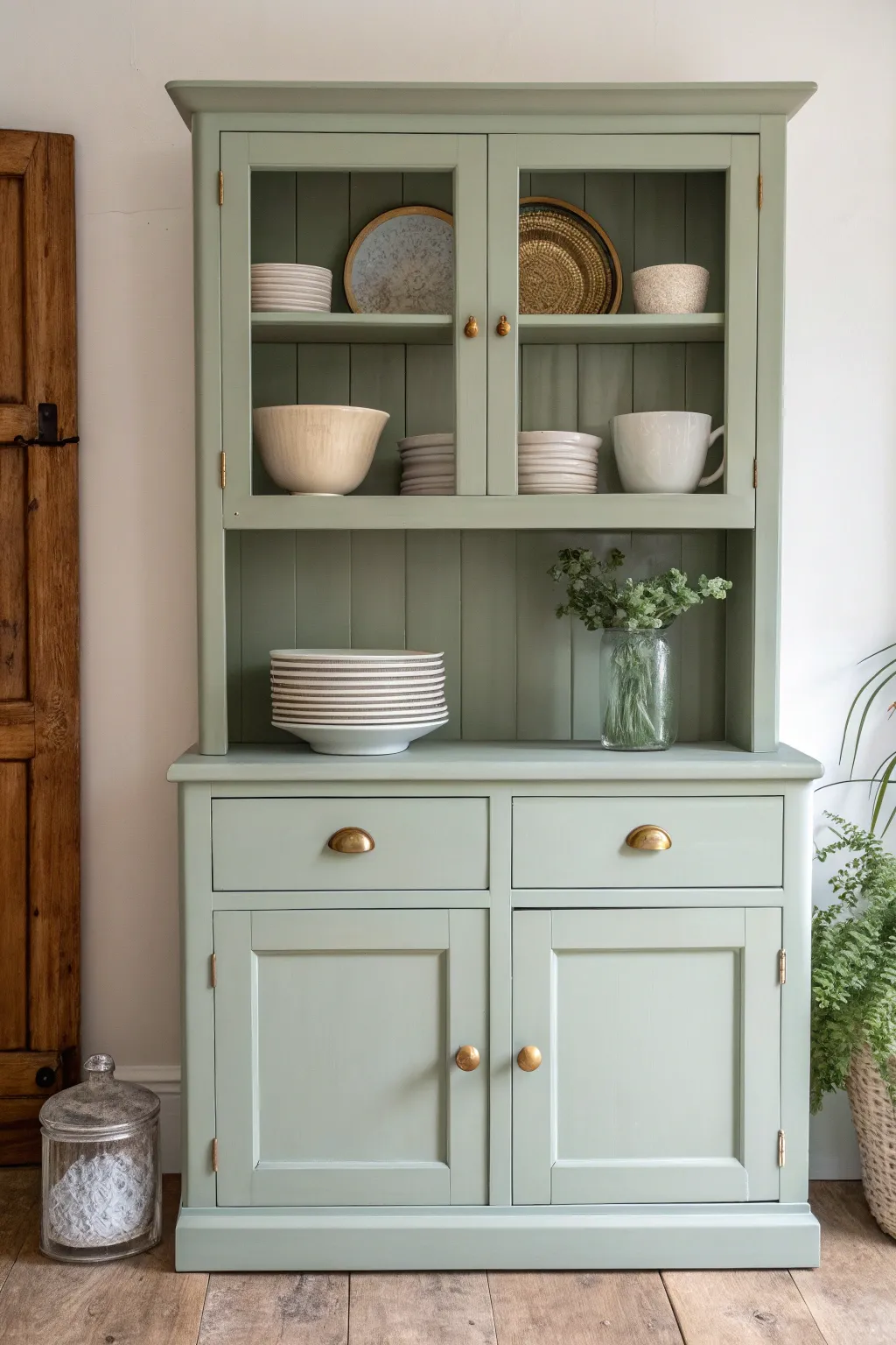 Soft sage green hutch styled with ceramics and greenery for serene cottage calm vibes