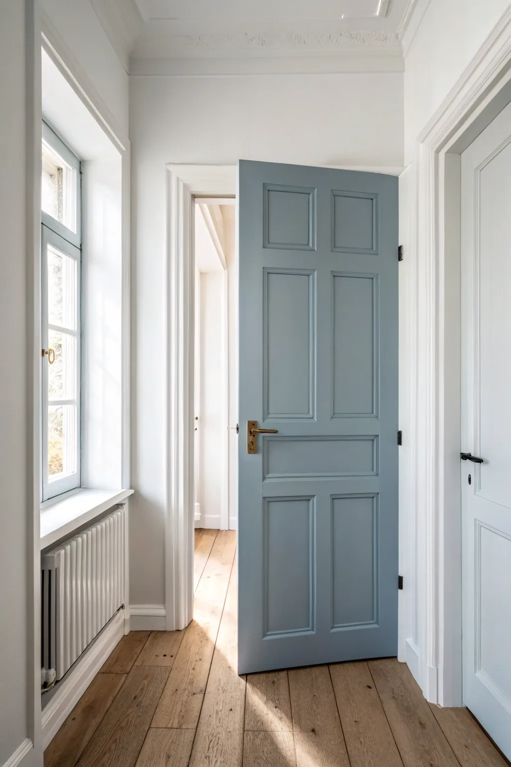 Dusty blue door slightly ajar, bringing calm Scandinavian contrast to bright white walls.