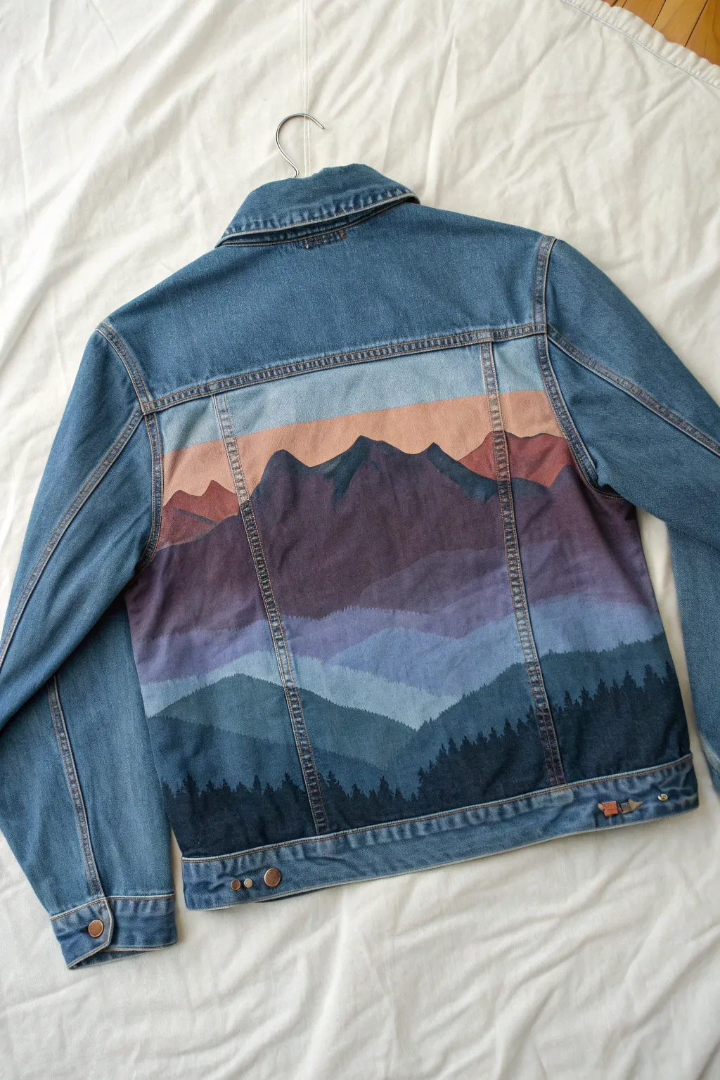 Moody mountain layers on a painted jean jacket back, bold dusk tones and a soft, airy sky wash