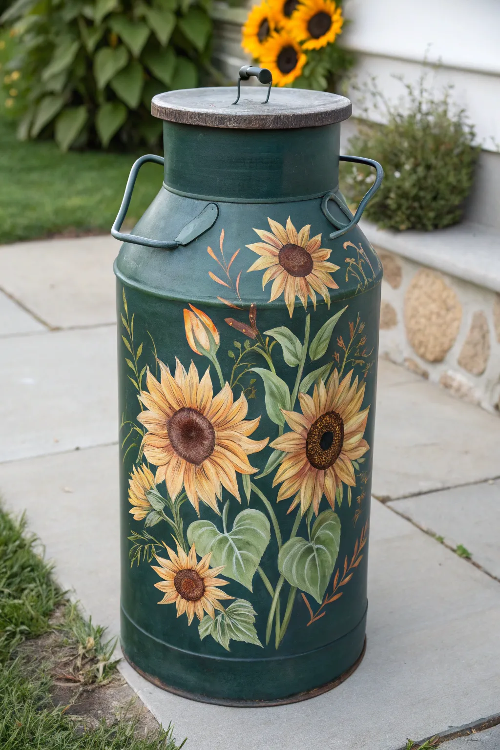 Charcoal milk can with bold hand-painted sunflowers, minimalist garden styling and striking contrast.
