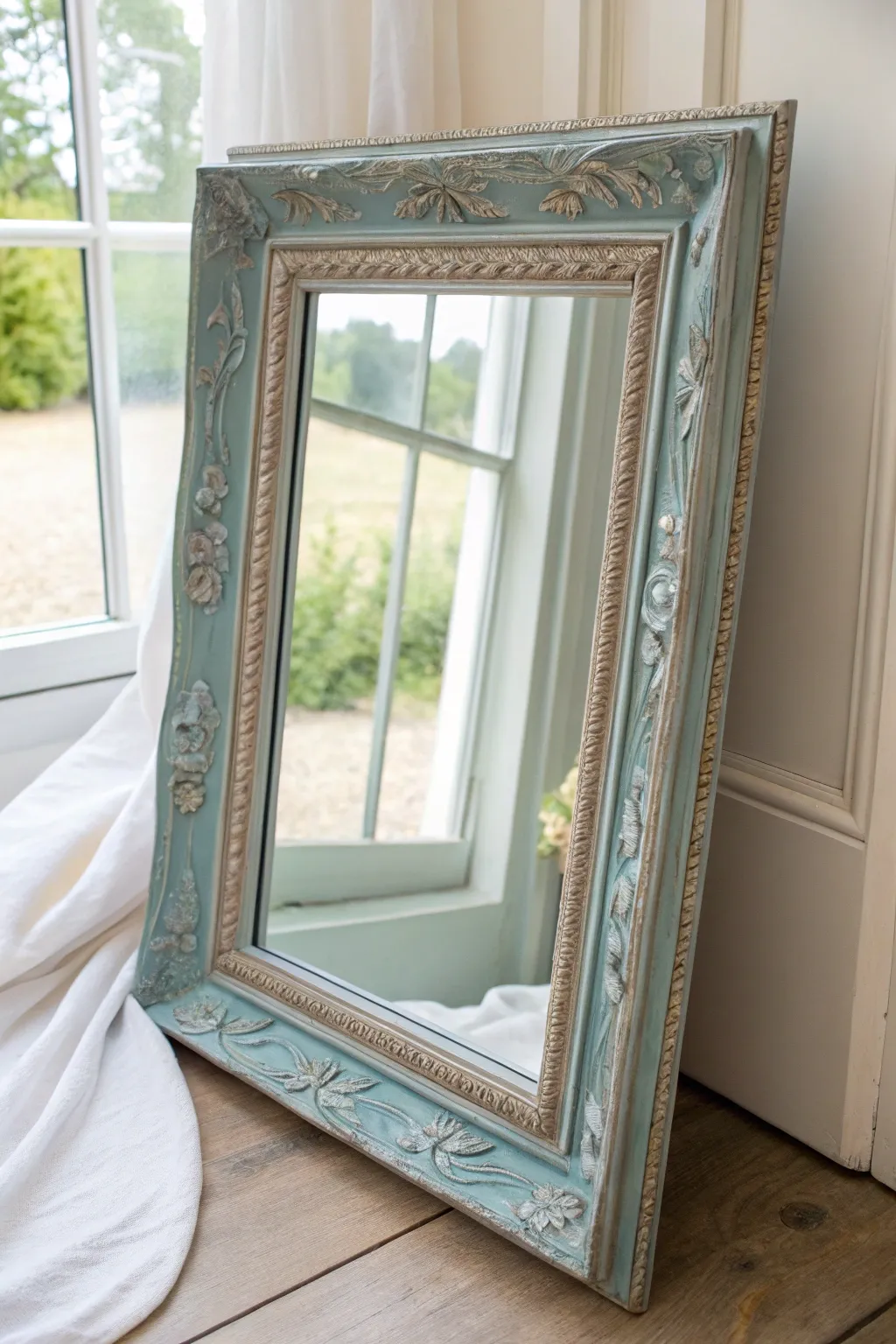 Coastal powder blue mirror frame with soft highlights for a breezy minimalist boho look
