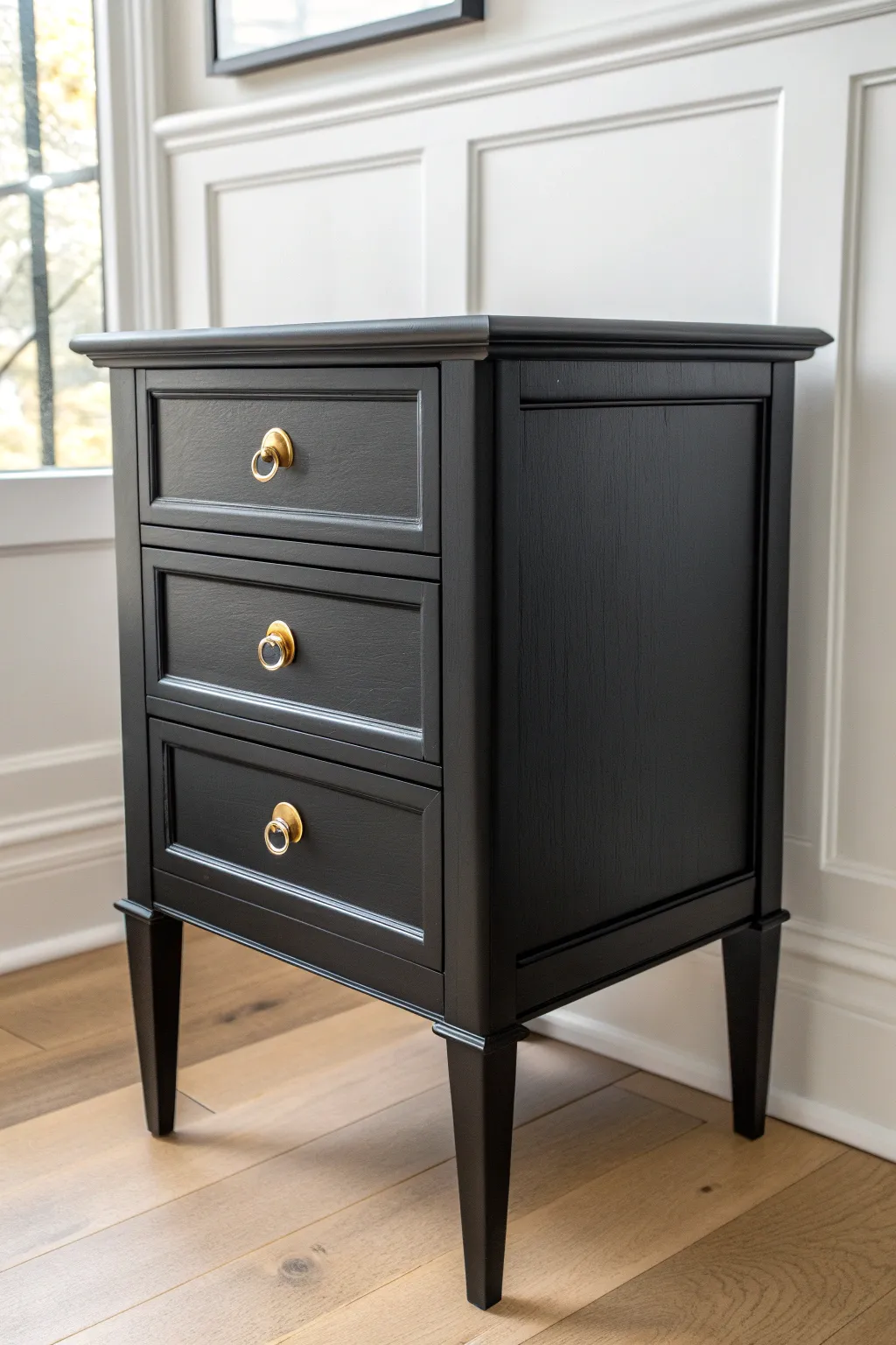 Matte black nightstand with bright brass hardware brings bold contrast to a calm minimalist room.