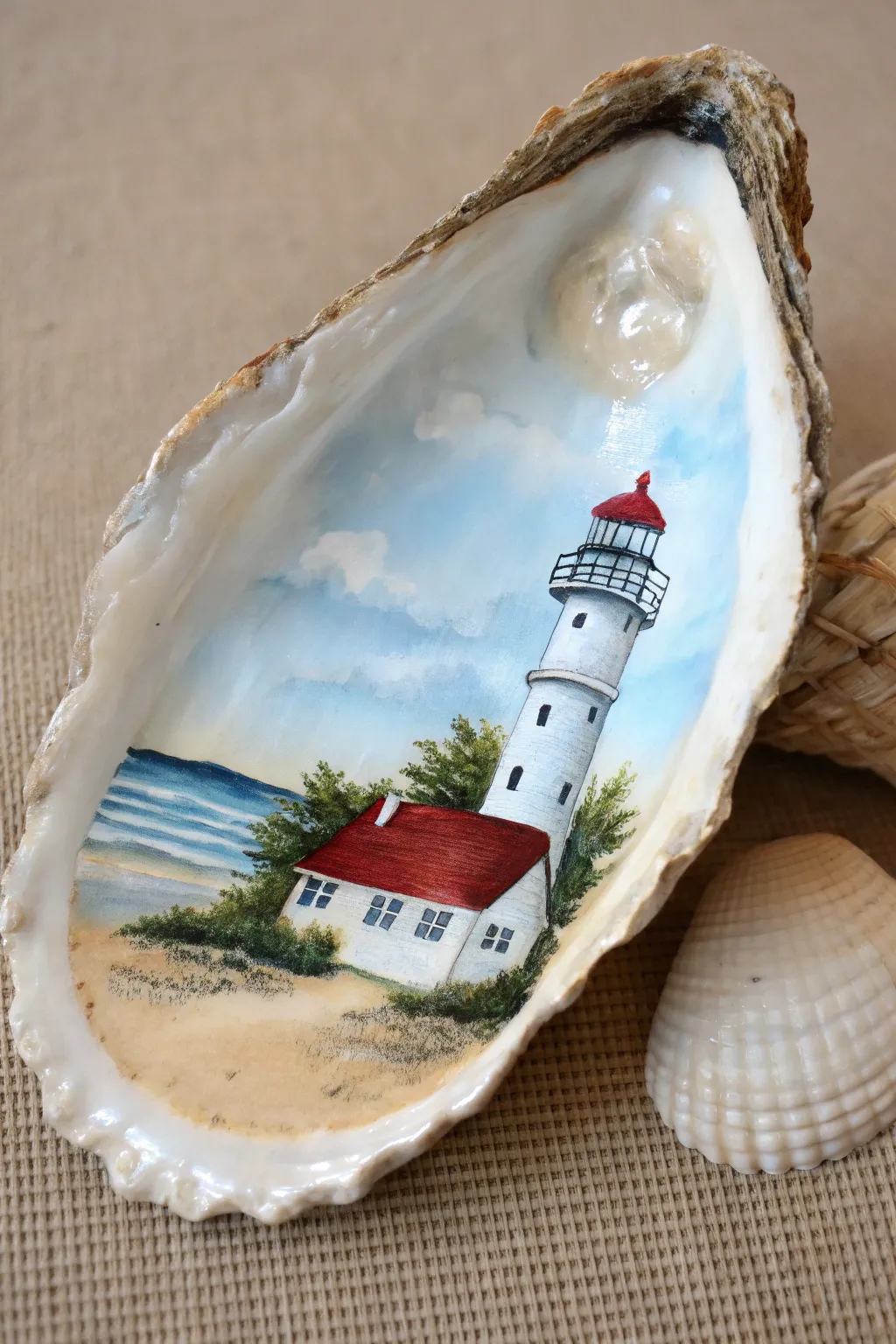 Mini lighthouse painted inside an oyster shell, bold colors and calm coastal minimalism