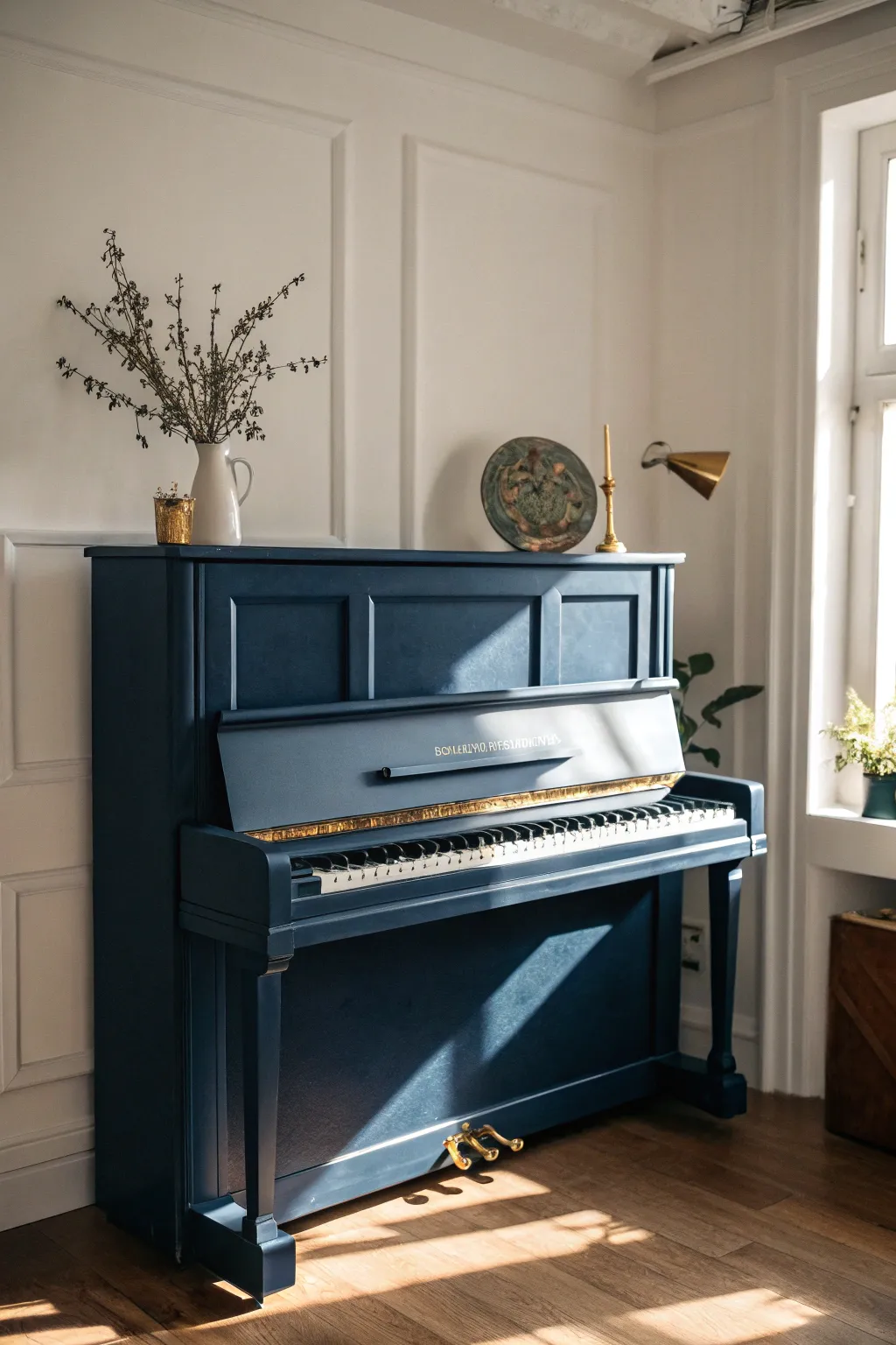 Deep navy statement piano with brass accents and greenery for a cozy, dramatic corner.