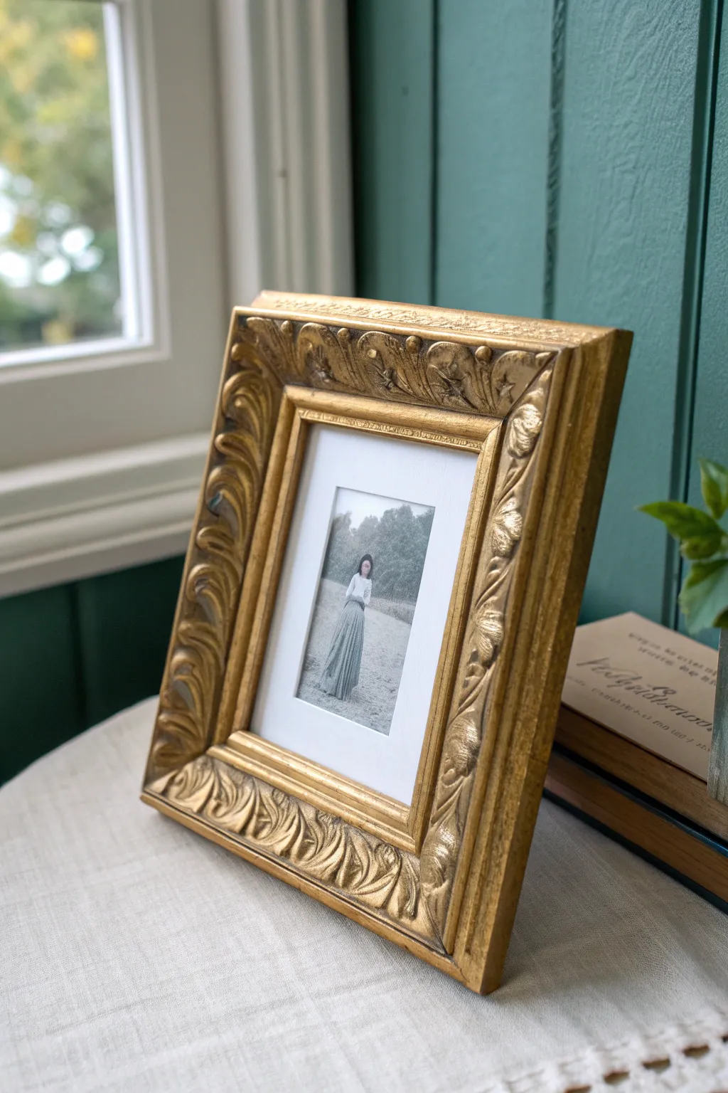 DIY faux gilded frame with brushed metallic glow and carved details, paired with clean monochrome art.