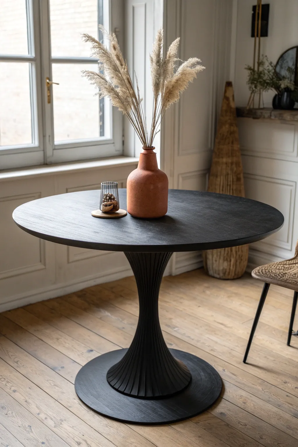 Moody matte black round table styling with a simple centerpiece and soft, velvety finish.