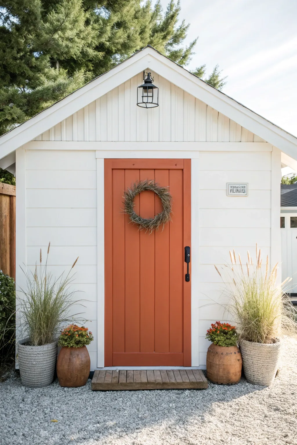 Bright white shed with a bold terracotta door, minimal wreath and planters for boho charm.
