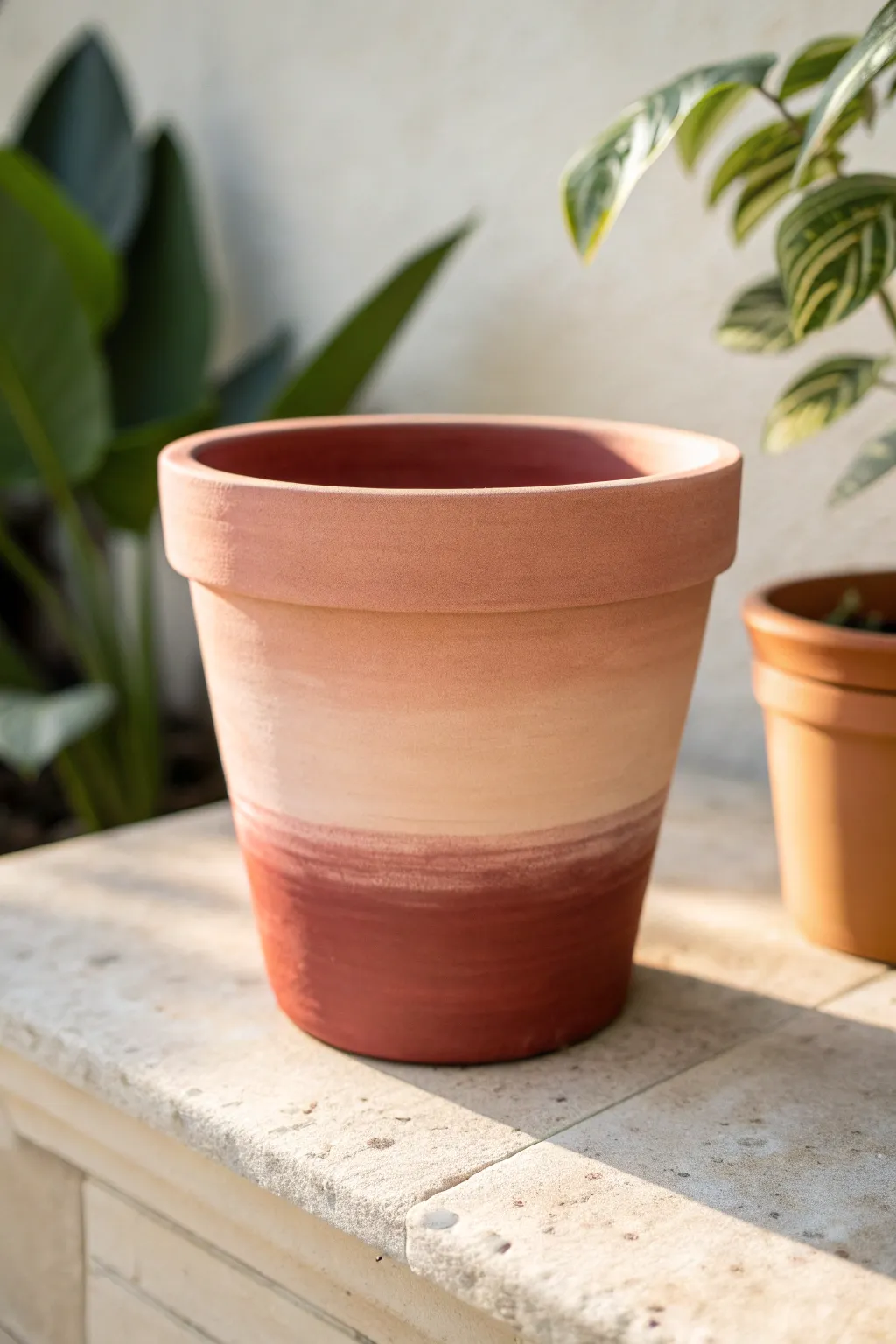 Smooth blush-to-burgundy ombre terracotta pot, minimal and bold in soft garden light