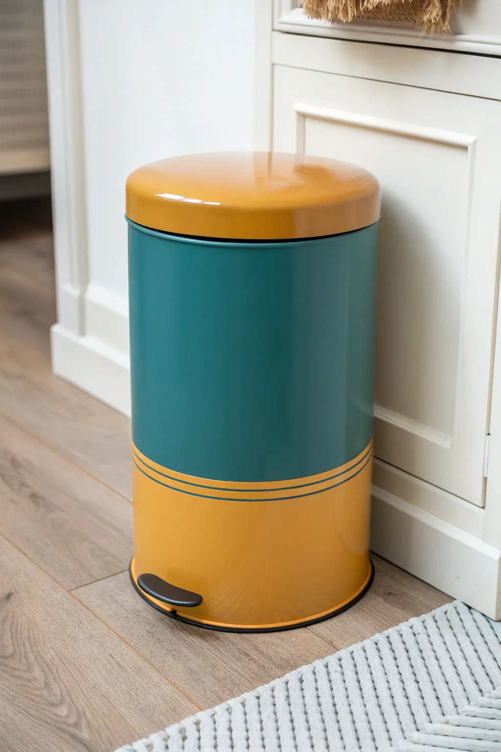 Two-tone color-blocked trash can with crisp divider and bold accent lid, modern boho minimal