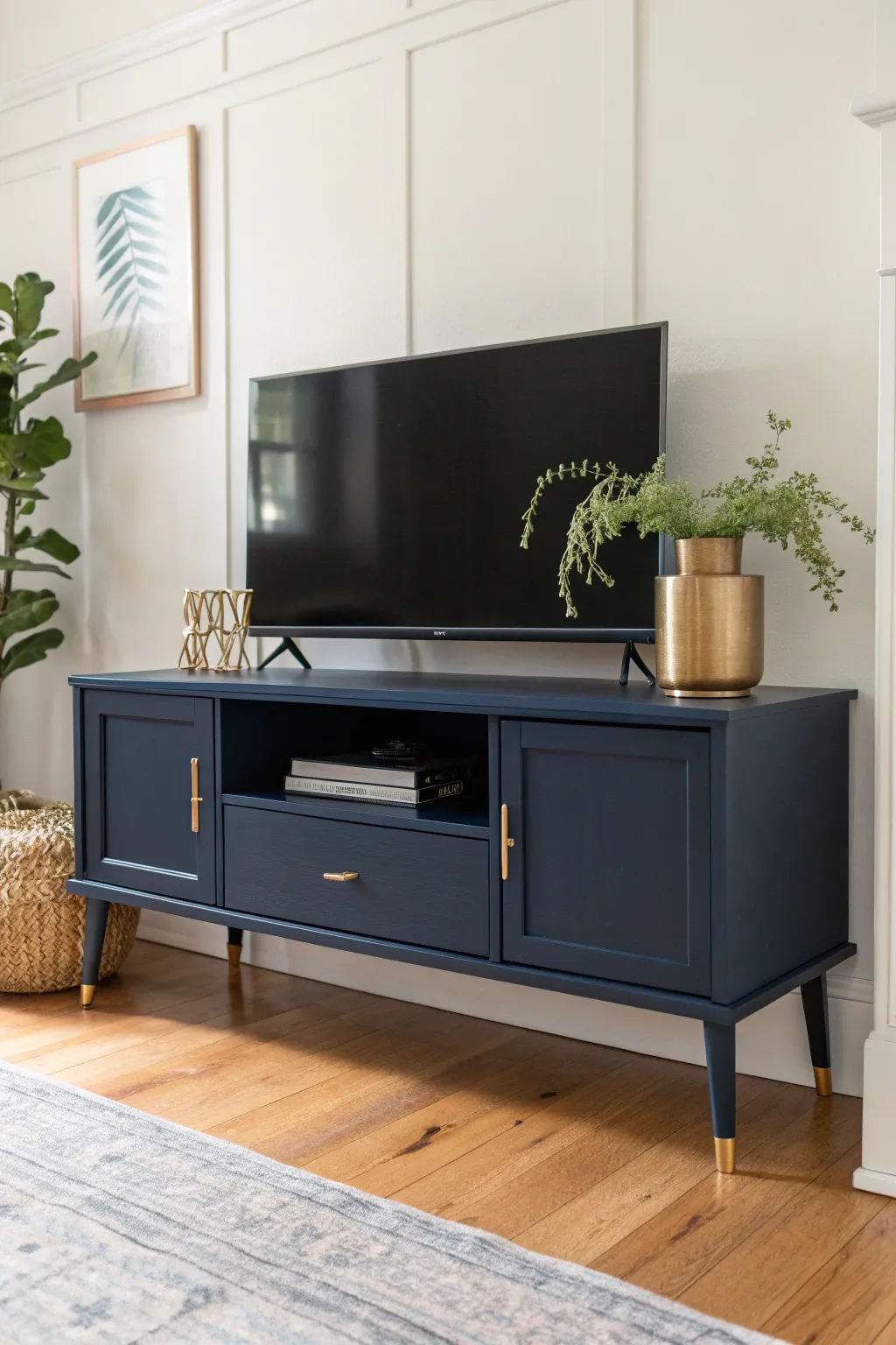 Navy blue statement console with brass accents and greenery for a bold, minimalist TV stand look