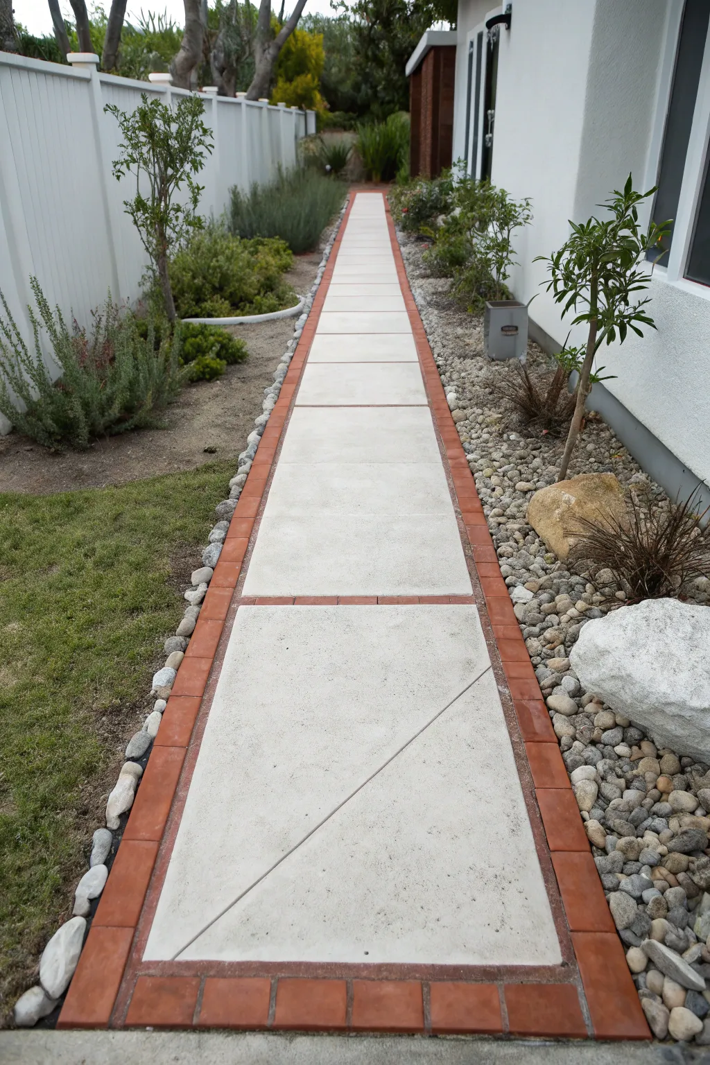 Bold border + crisp center stripe transforms a plain walkway into minimalist outdoor polish.