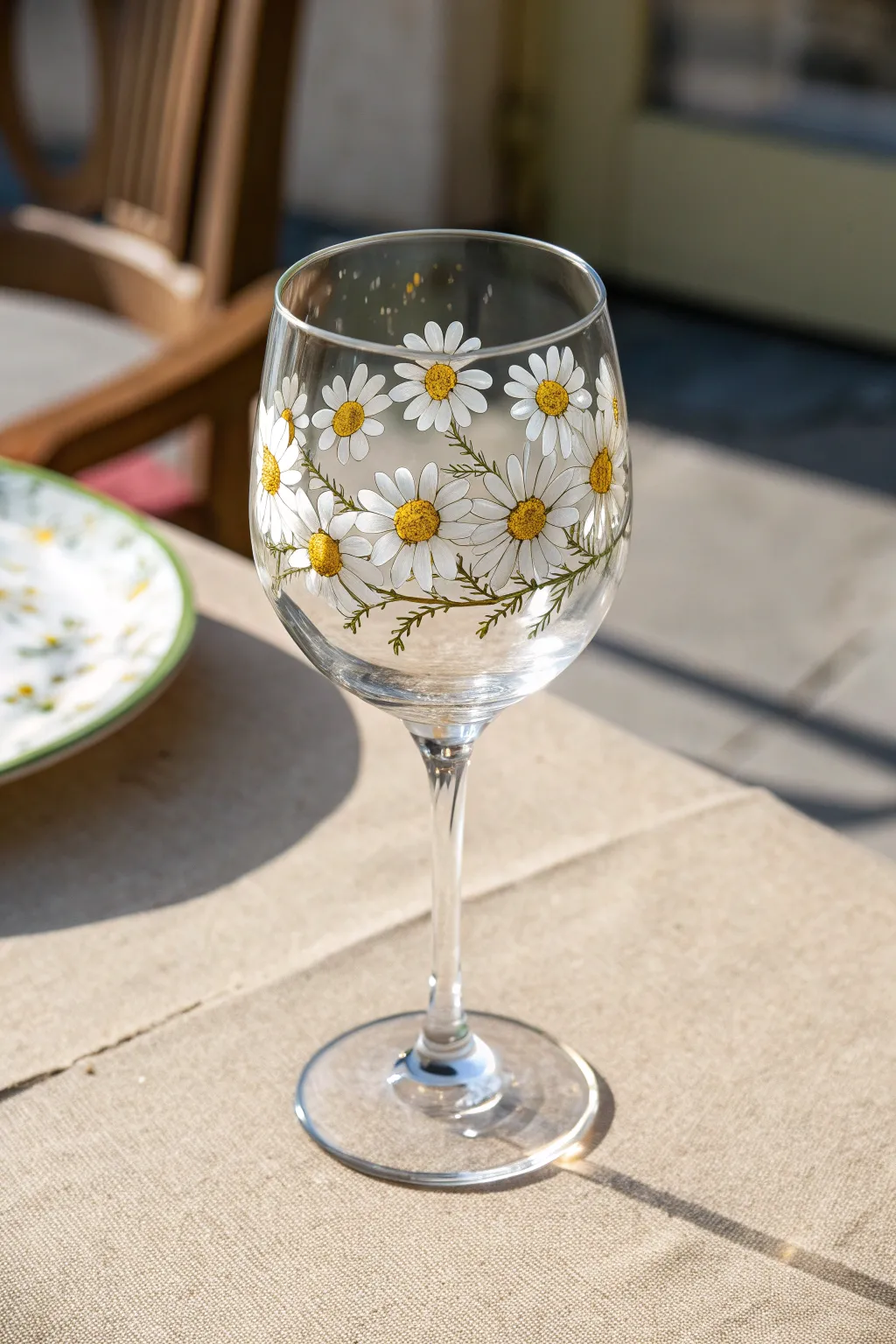 Minimal daisy garland painted on a clear wine glass for a bright, handcrafted spring look