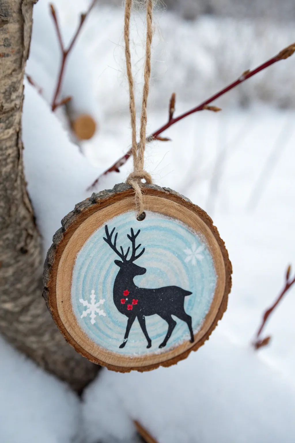 Minimalist wood-slice reindeer ornament with glossy red nose on a dreamy winter sky
