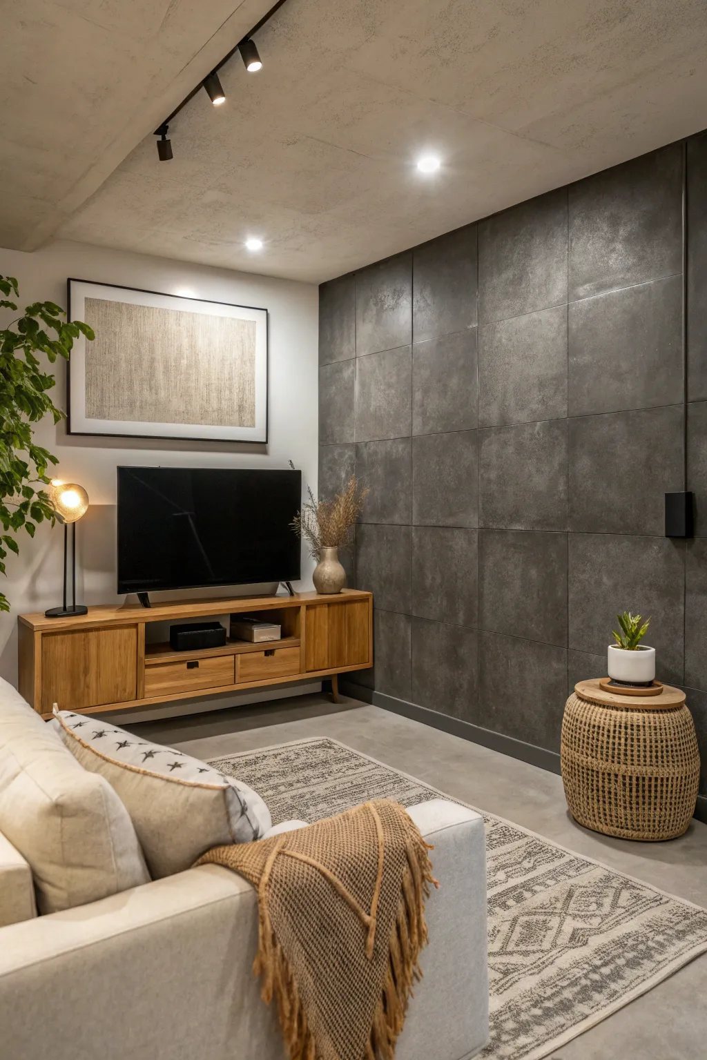 Moody charcoal concrete accent wall that grounds a cozy basement lounge with clean Nordic lines
