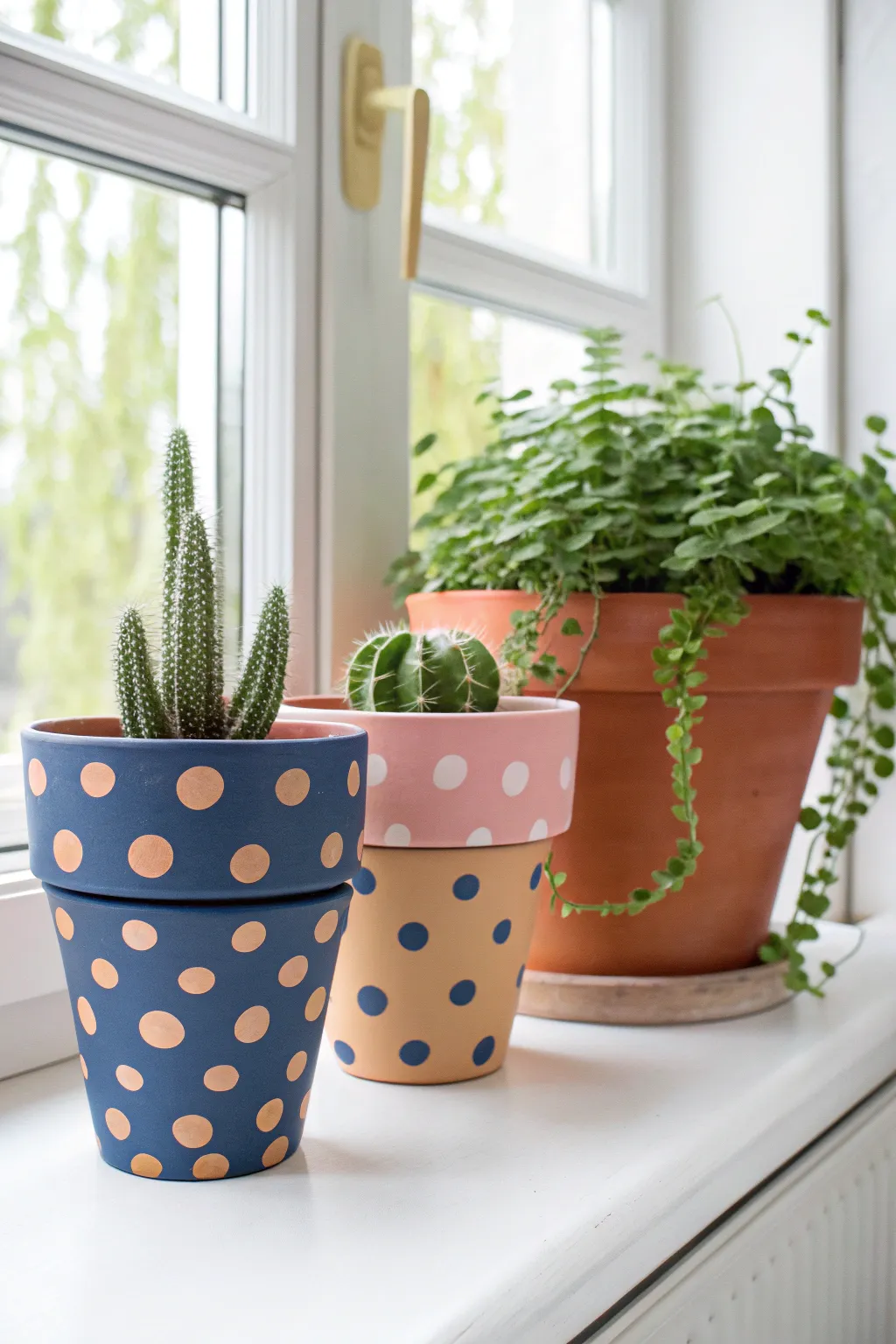 Playful polka dot pots in three sizes bring bold color and boho charm to a sunny sill