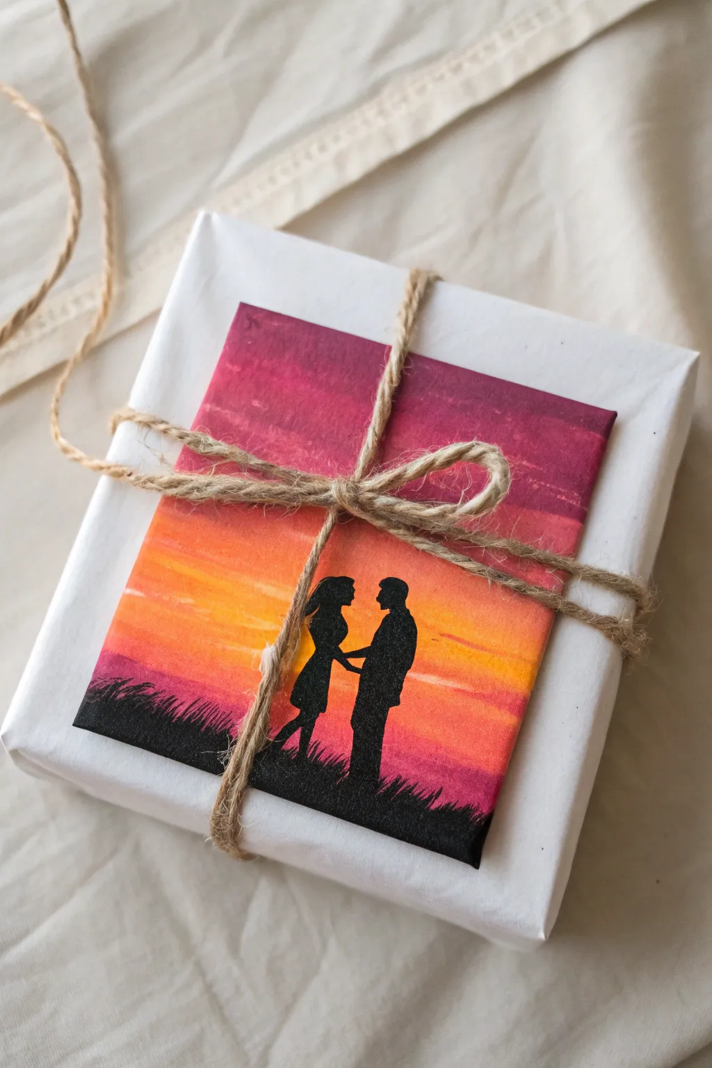 Simple couple silhouette painting in sunset gradients, wrapped with twine for a heartfelt gift idea.
