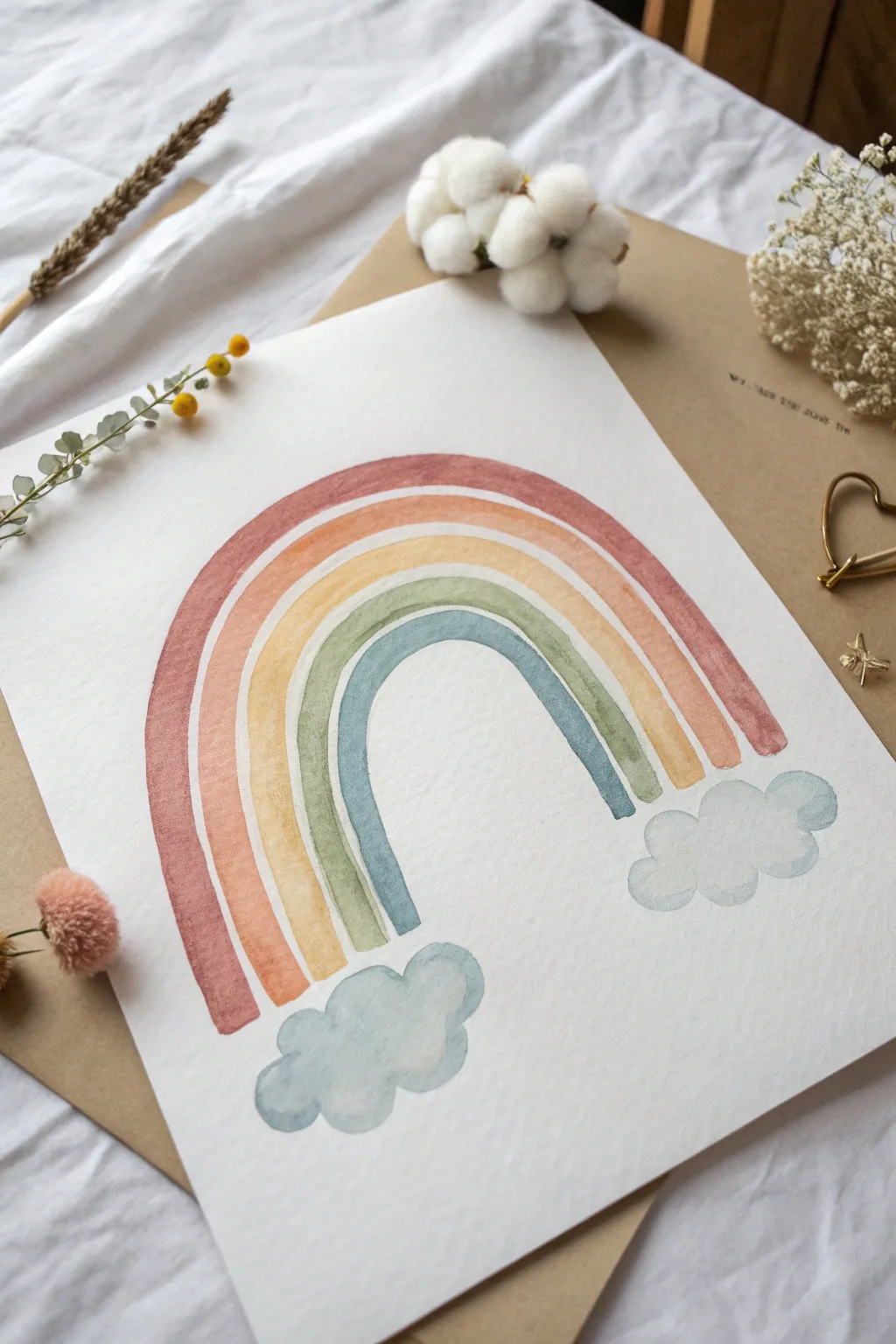 Tiny rainbow with puffy cloud ends in a minimalist boho palette, cute and easy to paint