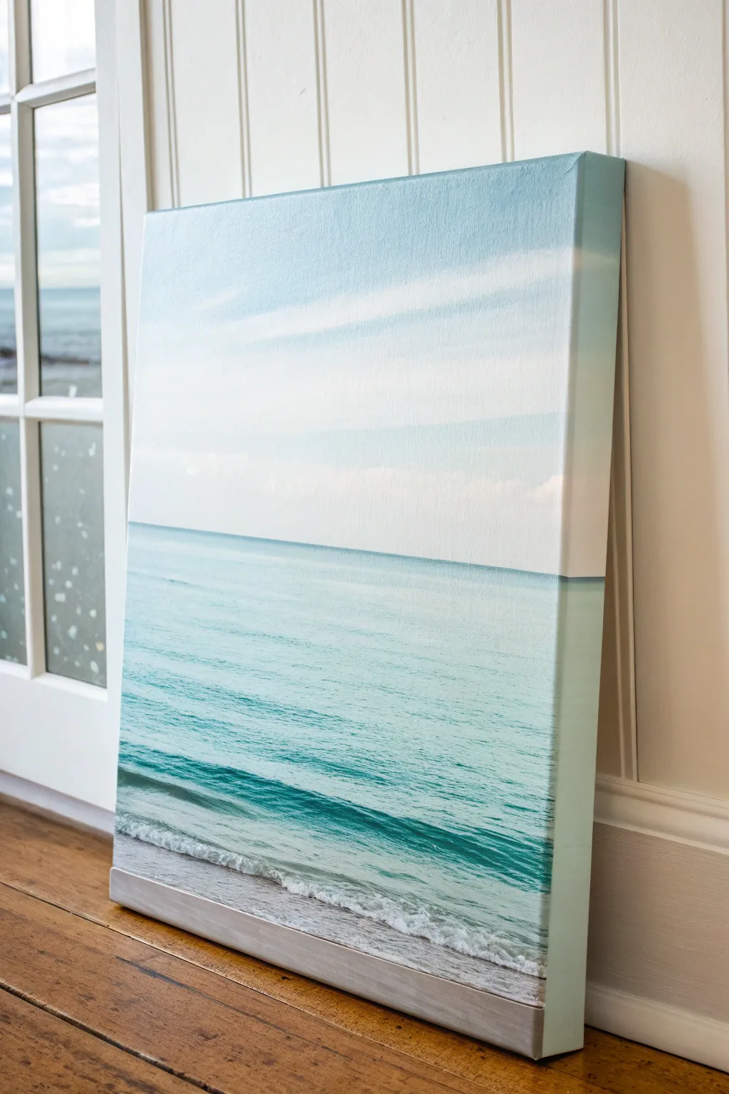 Calm ocean horizon painting idea with soft blending and minimalist Scandinavian-boho color bands