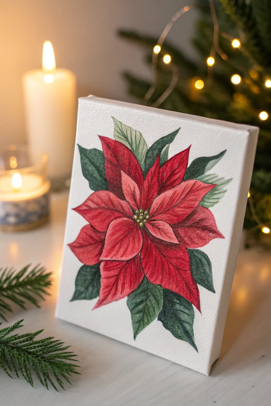 Bold poinsettia gift painting idea, warm candlelit glow, minimalist yet festive Christmas art.