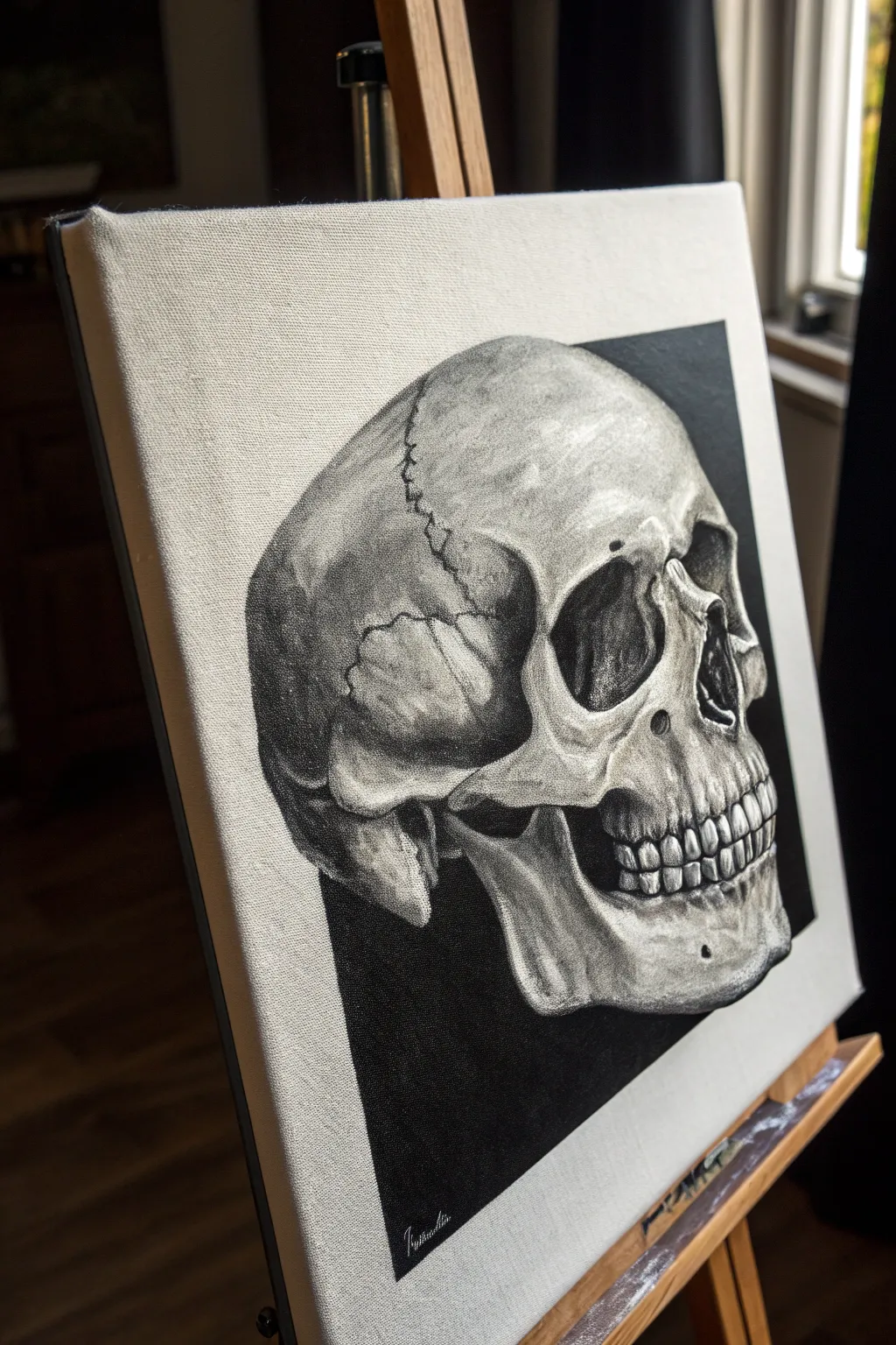 High-contrast black-and-gray skull painting idea with dramatic shading for a bold, modern look.
