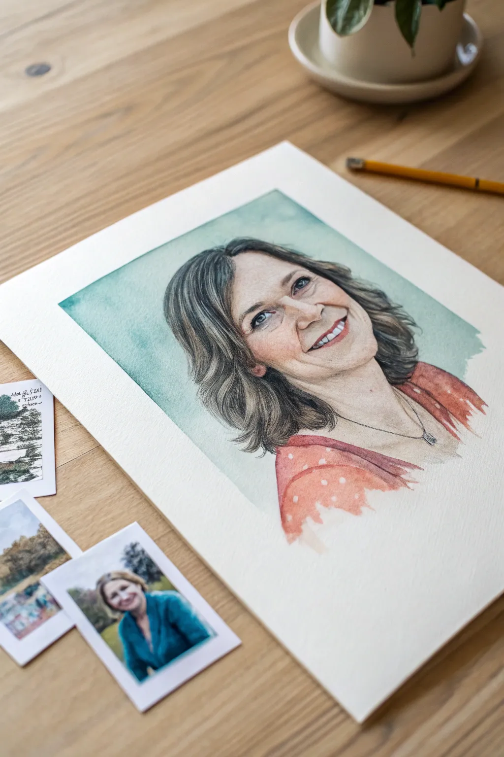 Simple watercolor portrait of Mom with warm colors, clean lines, and an easy heartfelt vibe