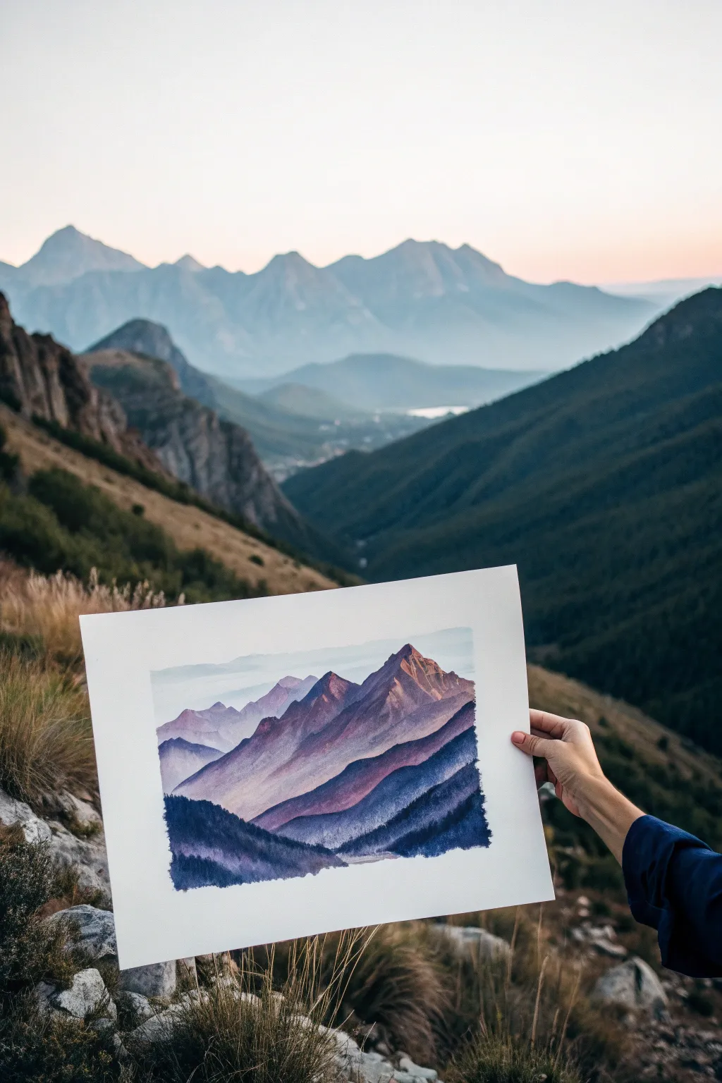 Beginner-friendly layered mountain wash on crisp white paper, calm minimal palette with bold contrast.