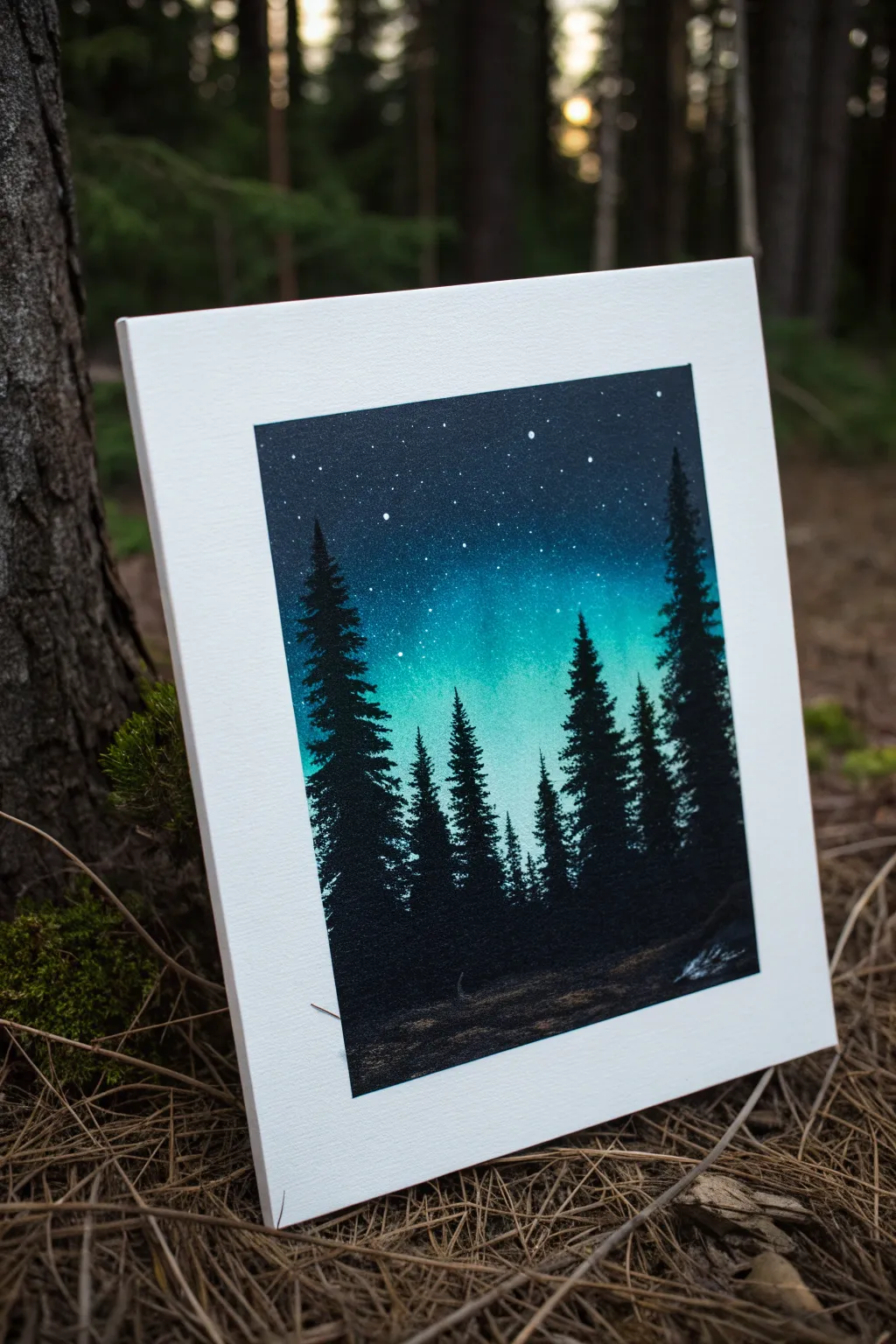 Easy black-background painting: bold pine silhouettes with a soft night-sky glow