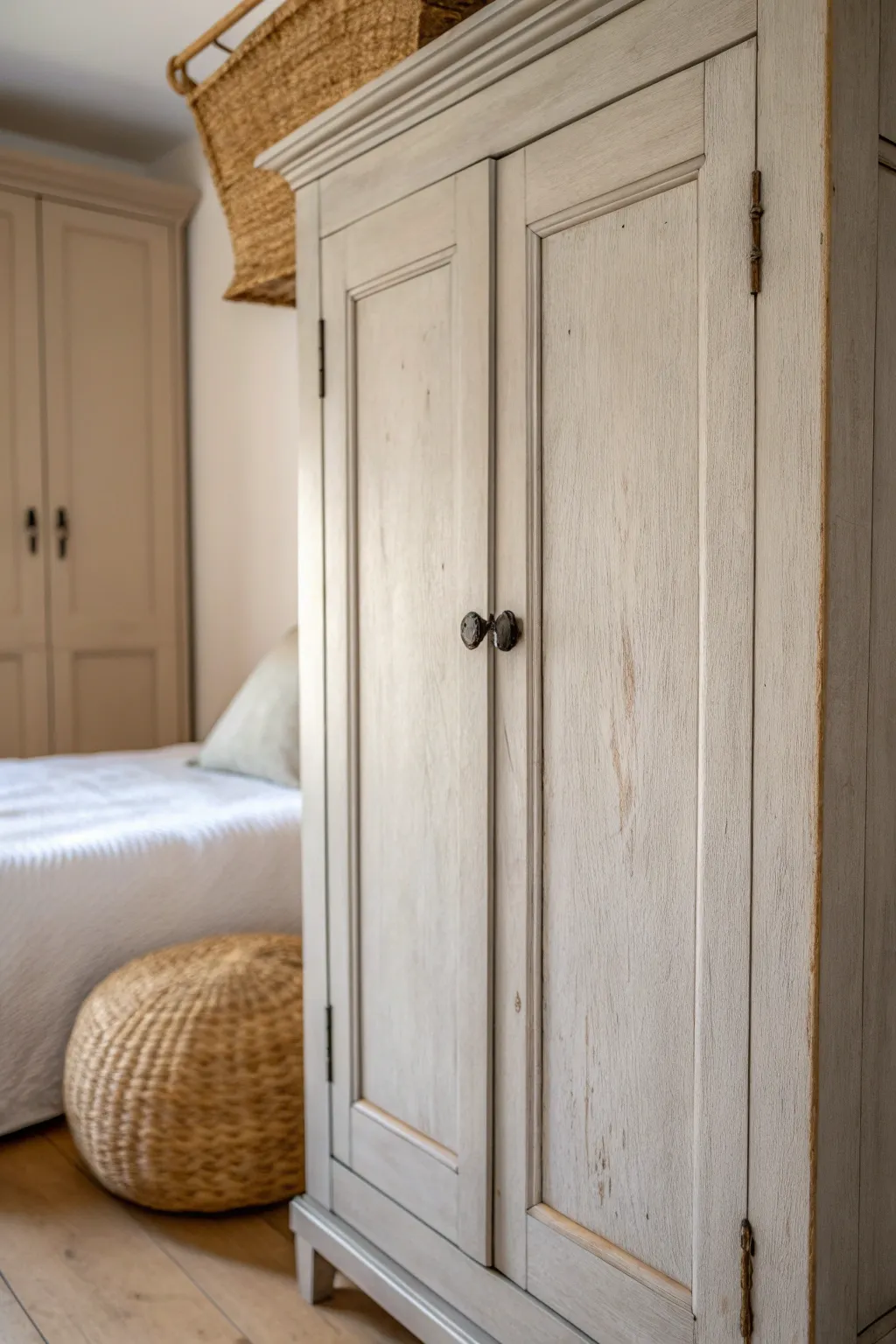 Soft greige wardrobe makeover: calm, cozy, and forgiving finish that hides old dings beautifully
