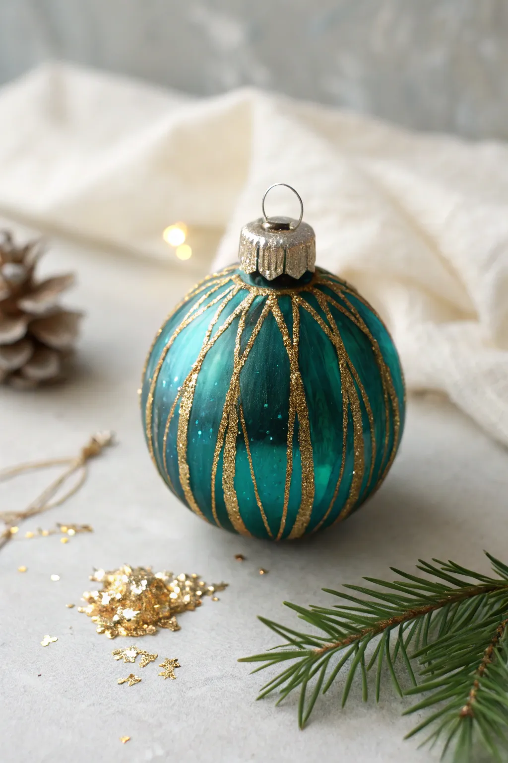 Bold ornament makeover: jewel tone with hand-painted metallic drips and fine gilded lines