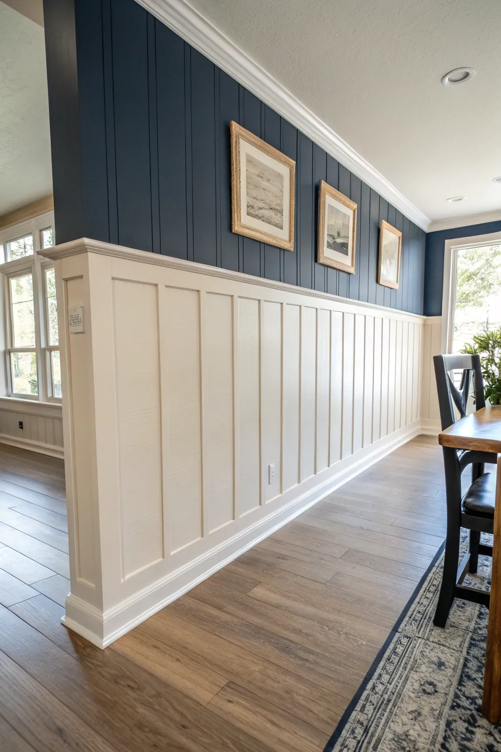 Dark lower wainscoting + airy upper shade for a bold, minimalist dining room statement.