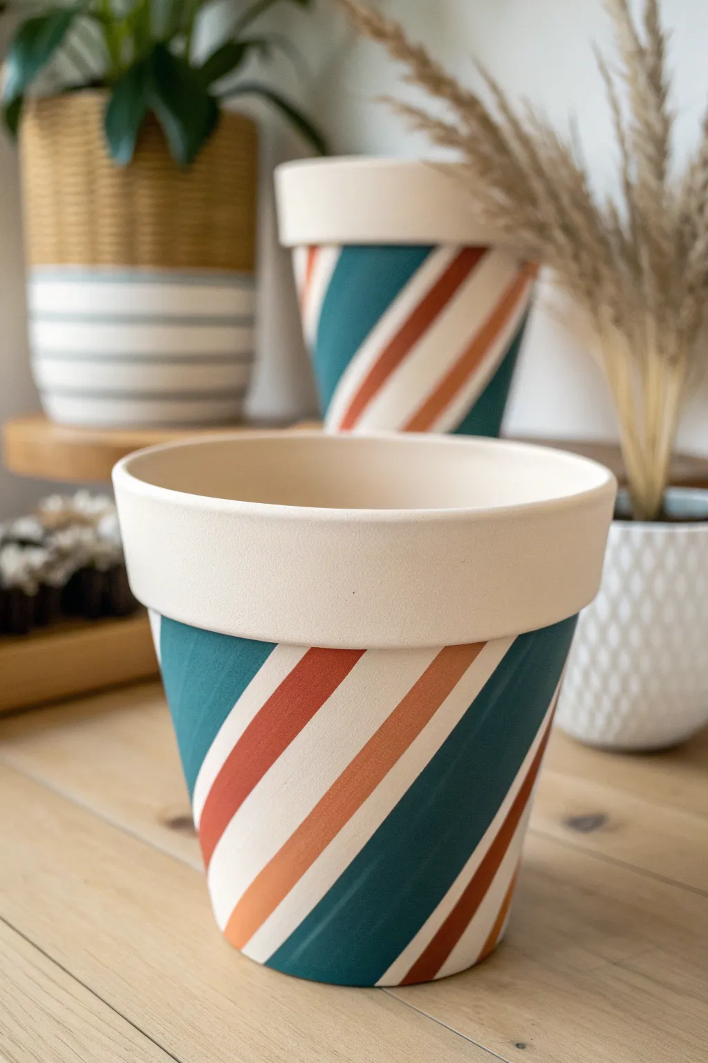 Striped plastic pots with crisp tape lines for a chic store-bought look, easy DIY inspiration