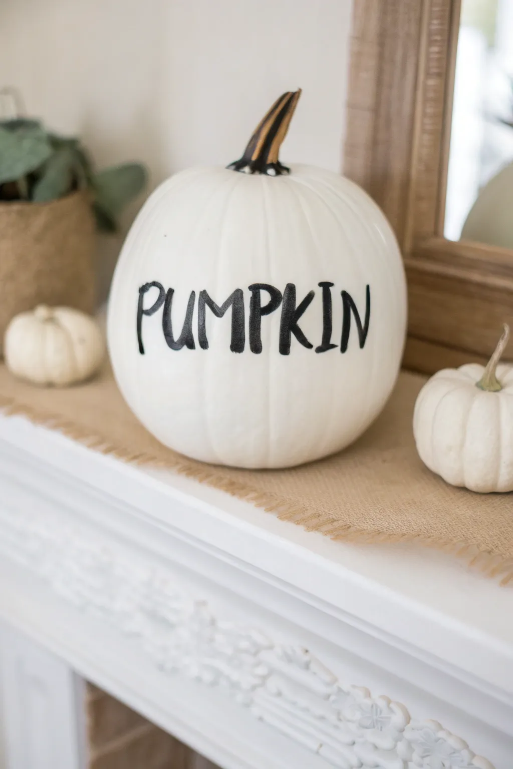 Minimalist white pumpkin with bold black brush lettering for a chic Scandinavian mantel moment
