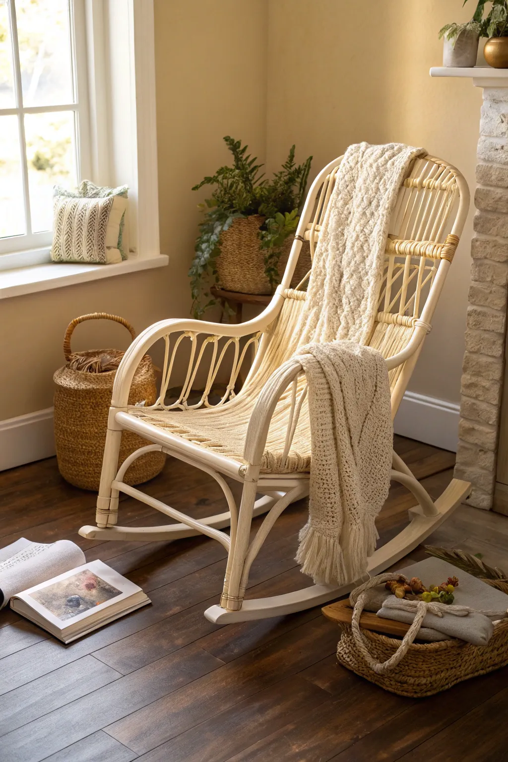 Warm cream wicker feels softer than white, creating a cozy nook with linen, tan, and terracotta.