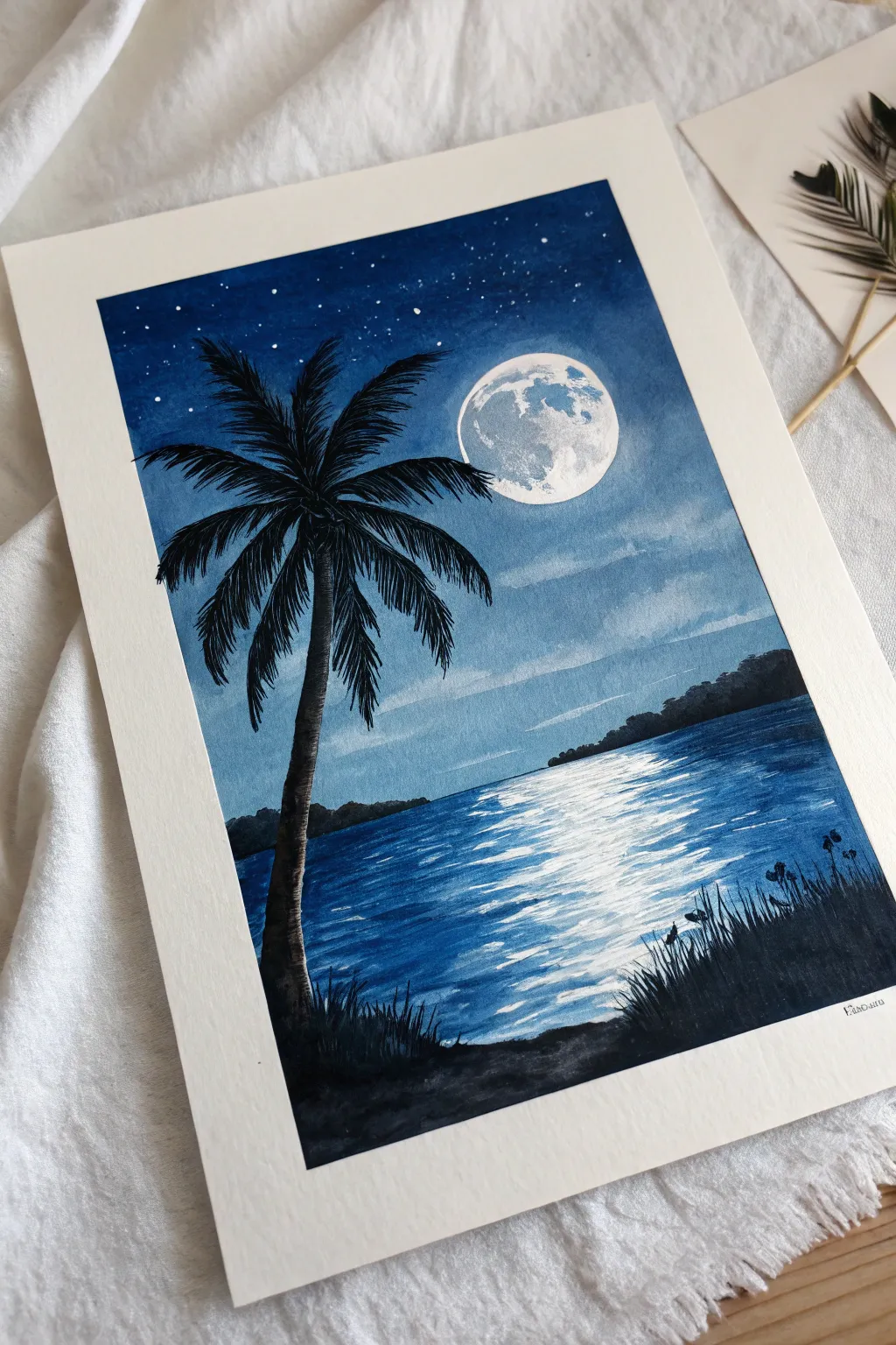 Moonlit palm silhouette with shimmering water reflection, bold indigo contrast for easy painting