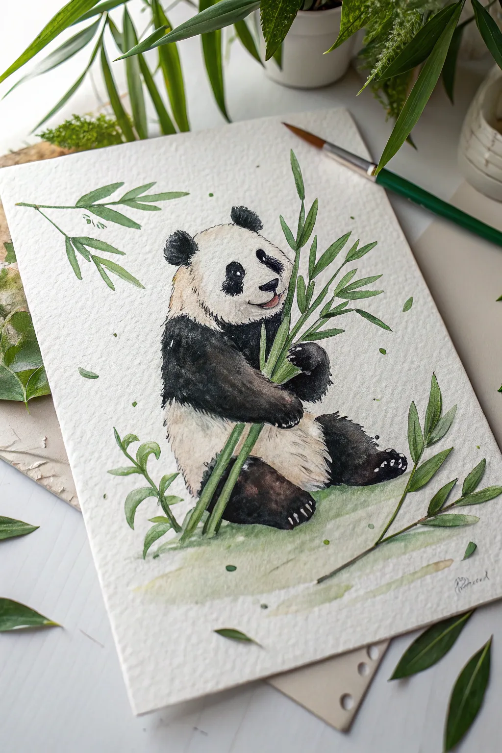 Minimal panda snack painting idea: bold black and white blocks with fresh bamboo greens.