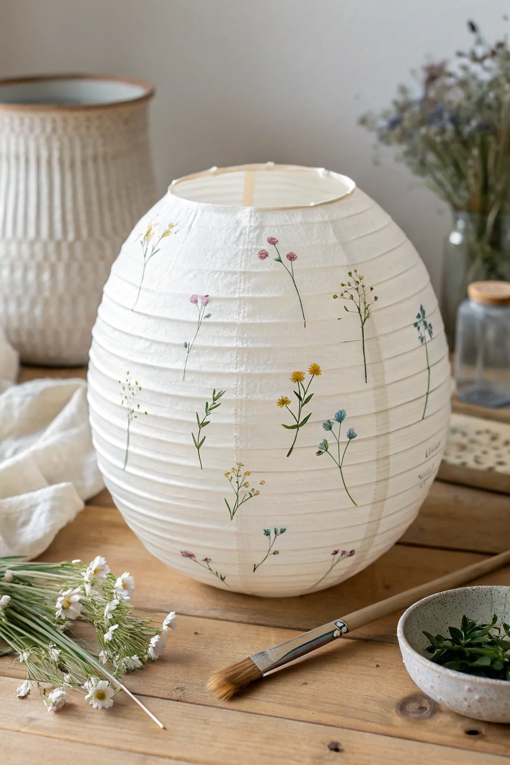 Loose wildflower sprigs around a ribbed paper lantern for an easy, airy boho-minimal paint look