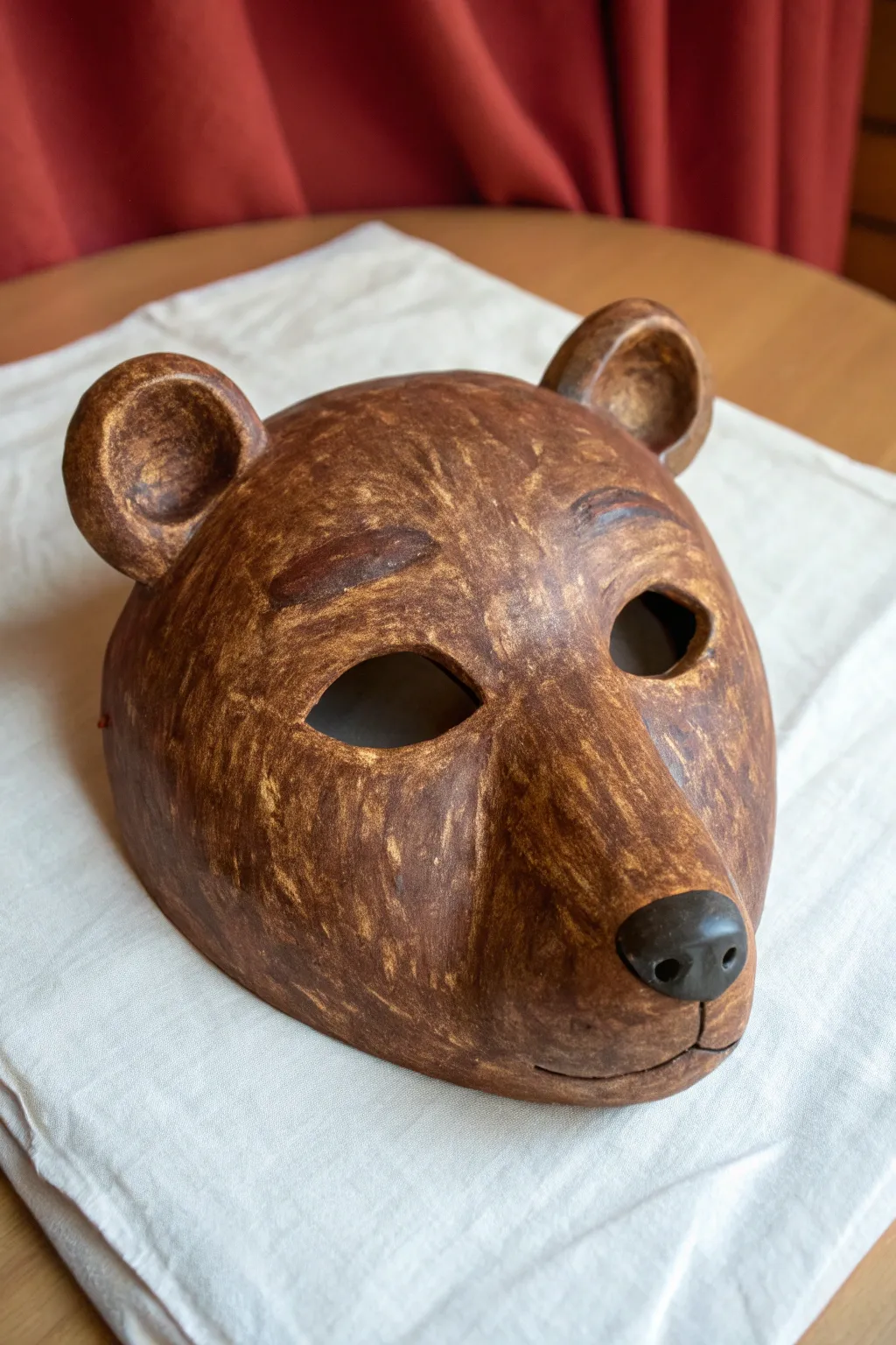 Rounded-muzzle paper mache bear mask in warm browns, styled minimalist with bold contrast