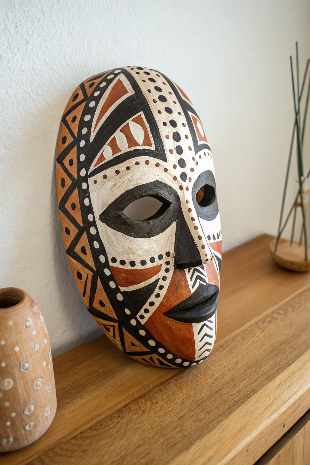 Bold patterned paper mache mask in striking stripes and zigzags for a minimalist boho look