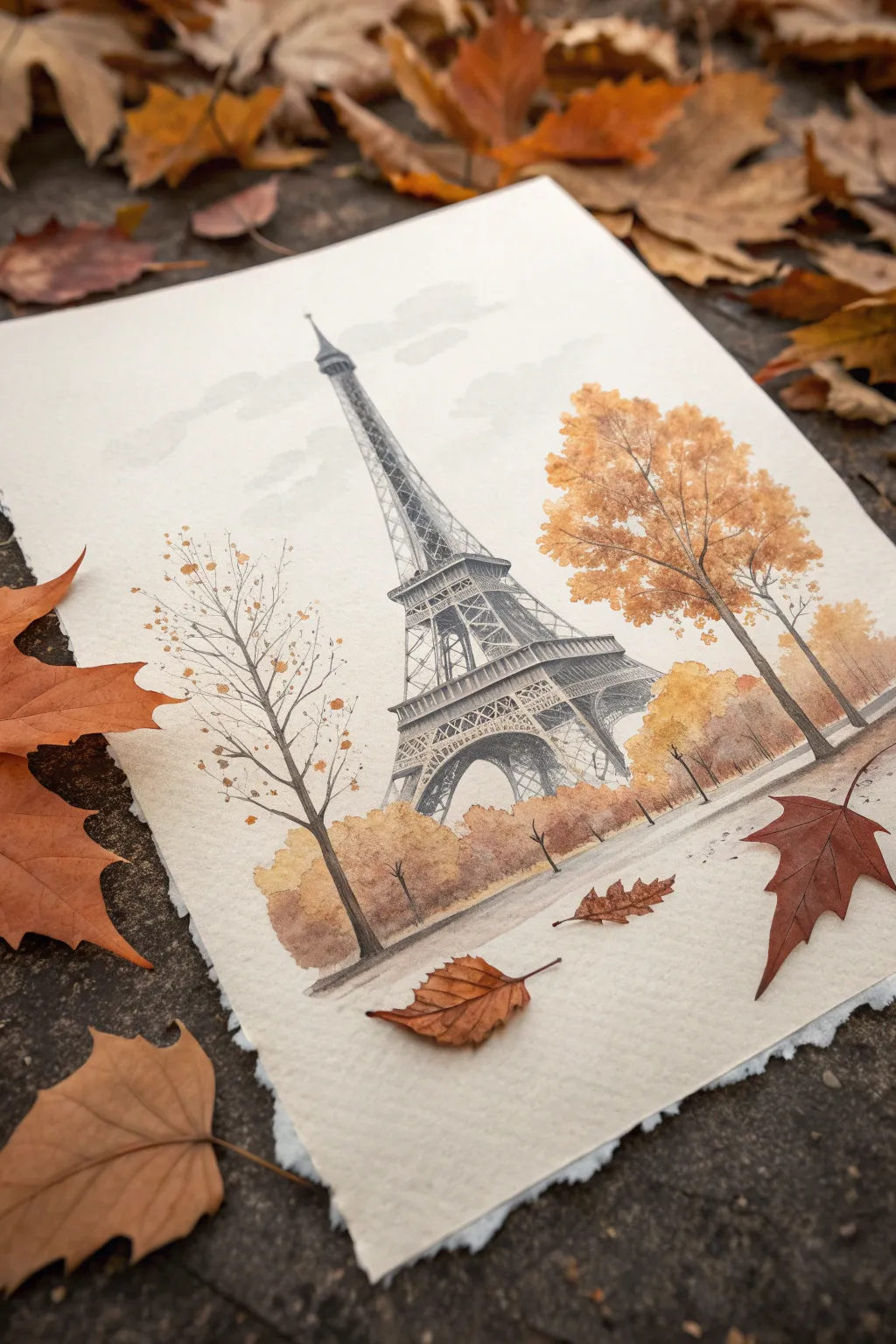 Eiffel Tower sketch idea with glowing autumn leaves in bold ochres and warm Paris vibes