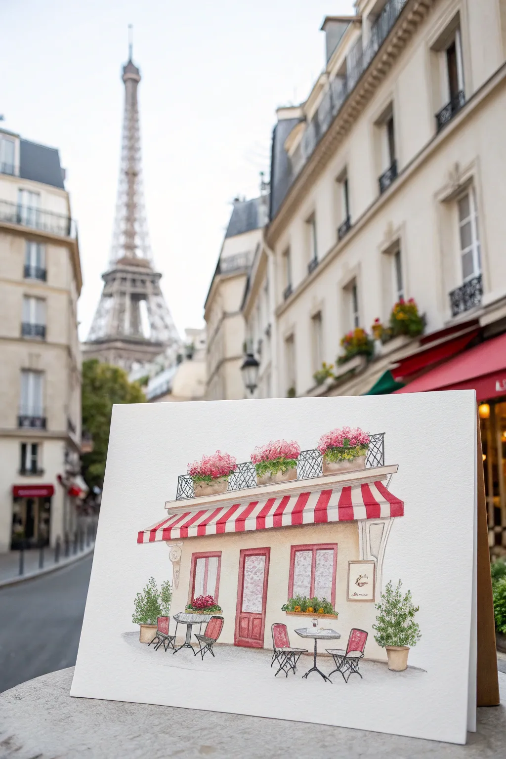 Classic Paris café painting idea with striped awning, florals, and a subtle Eiffel Tower peek