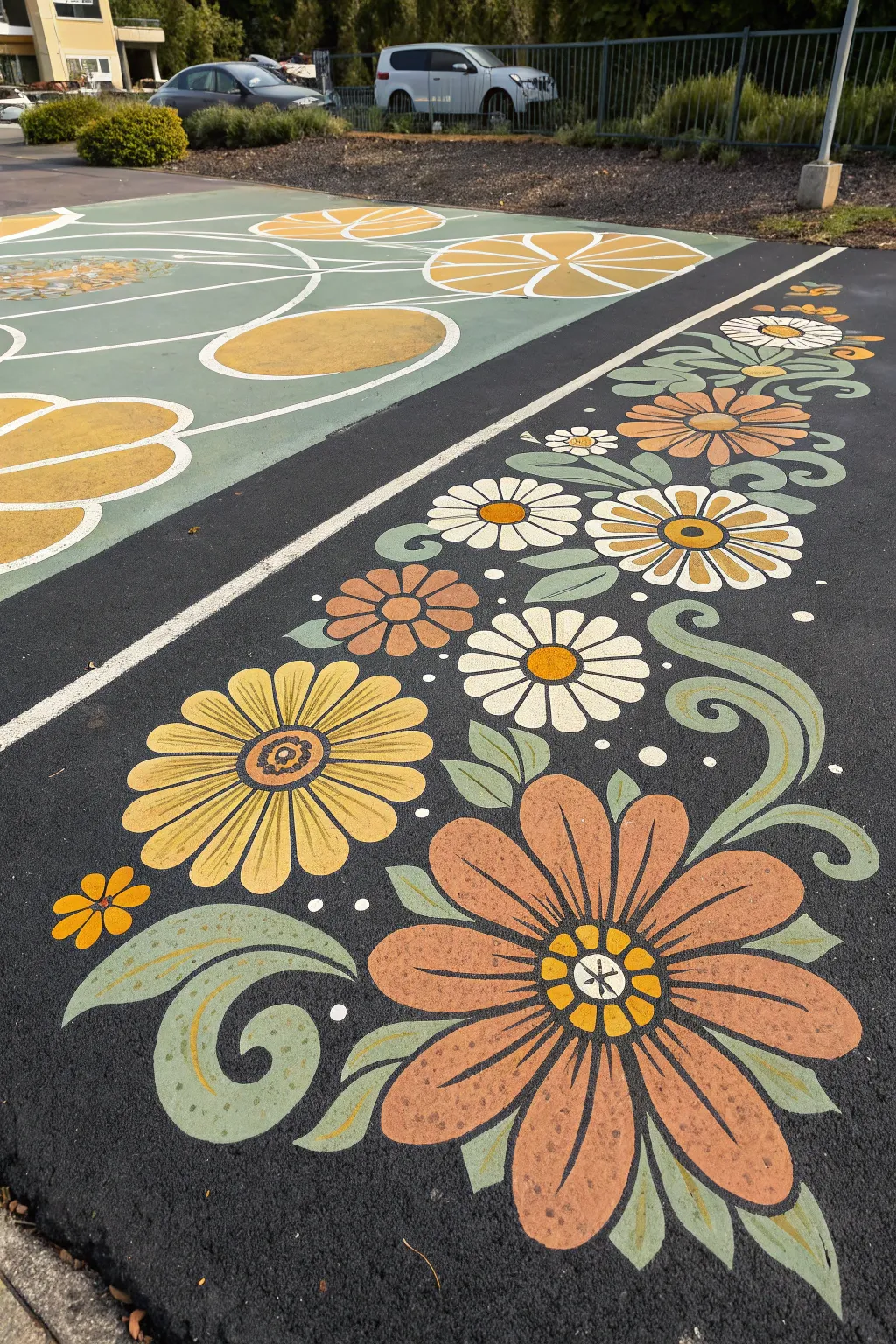 Channel 70s vibes with this retro floral parking spot design. The perfect groovy touch! 🌼✨