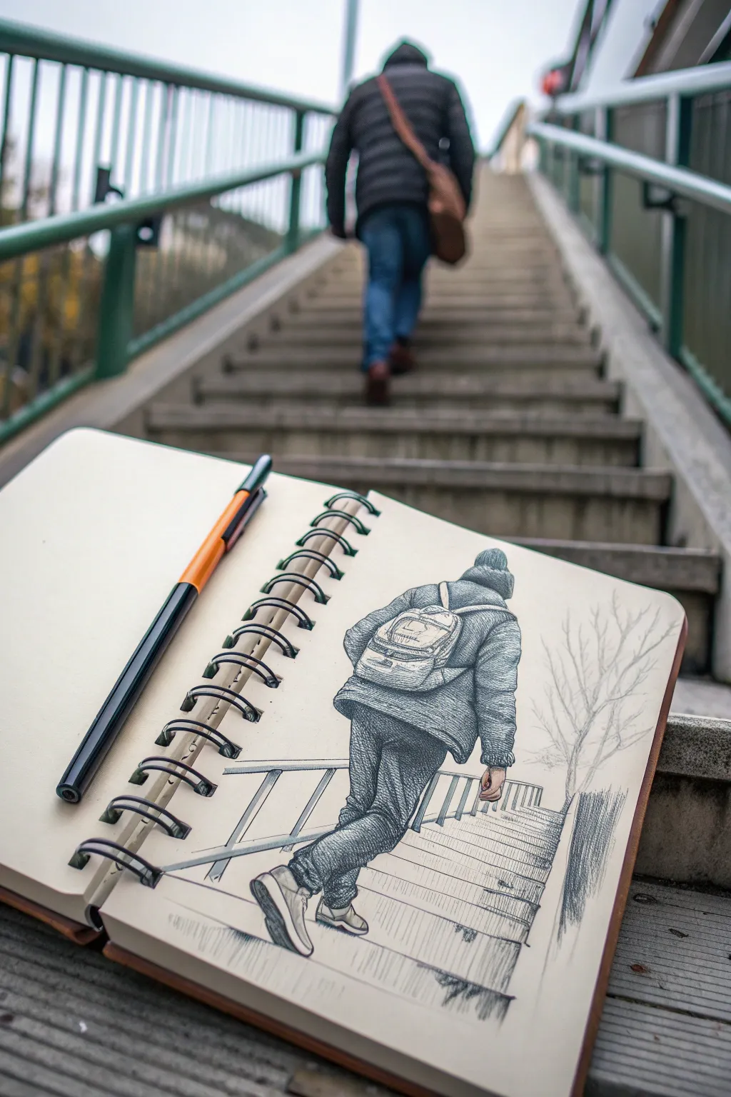 Past to present to future in one staircase drawing idea with bold color and simple, crafted lines