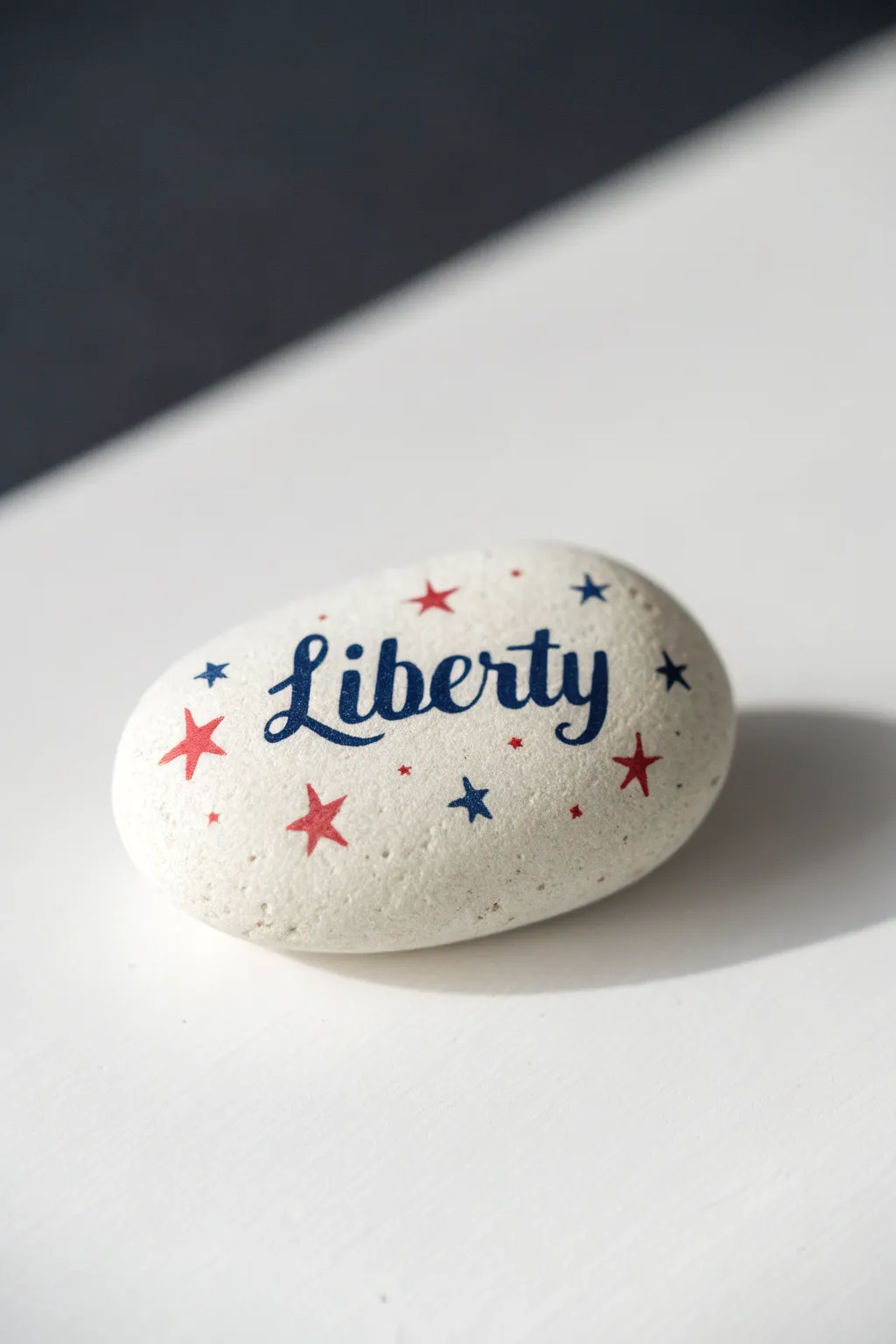 Minimalist patriotic rock with navy Liberty script and tiny red stars on a crisp white base