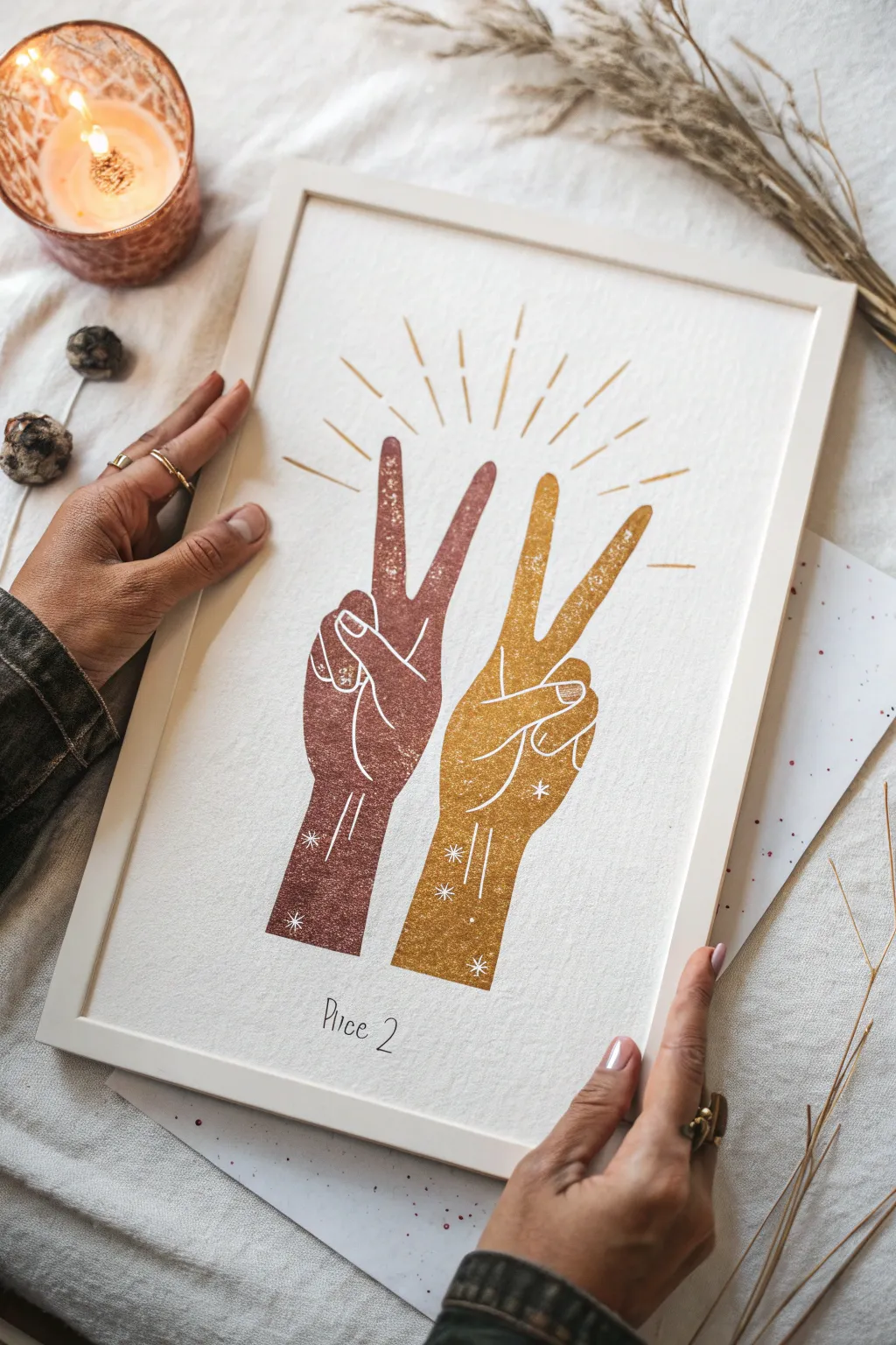 Hands holding a glowing peace sign, minimalist boho palette with warm, caring, calming contrast.