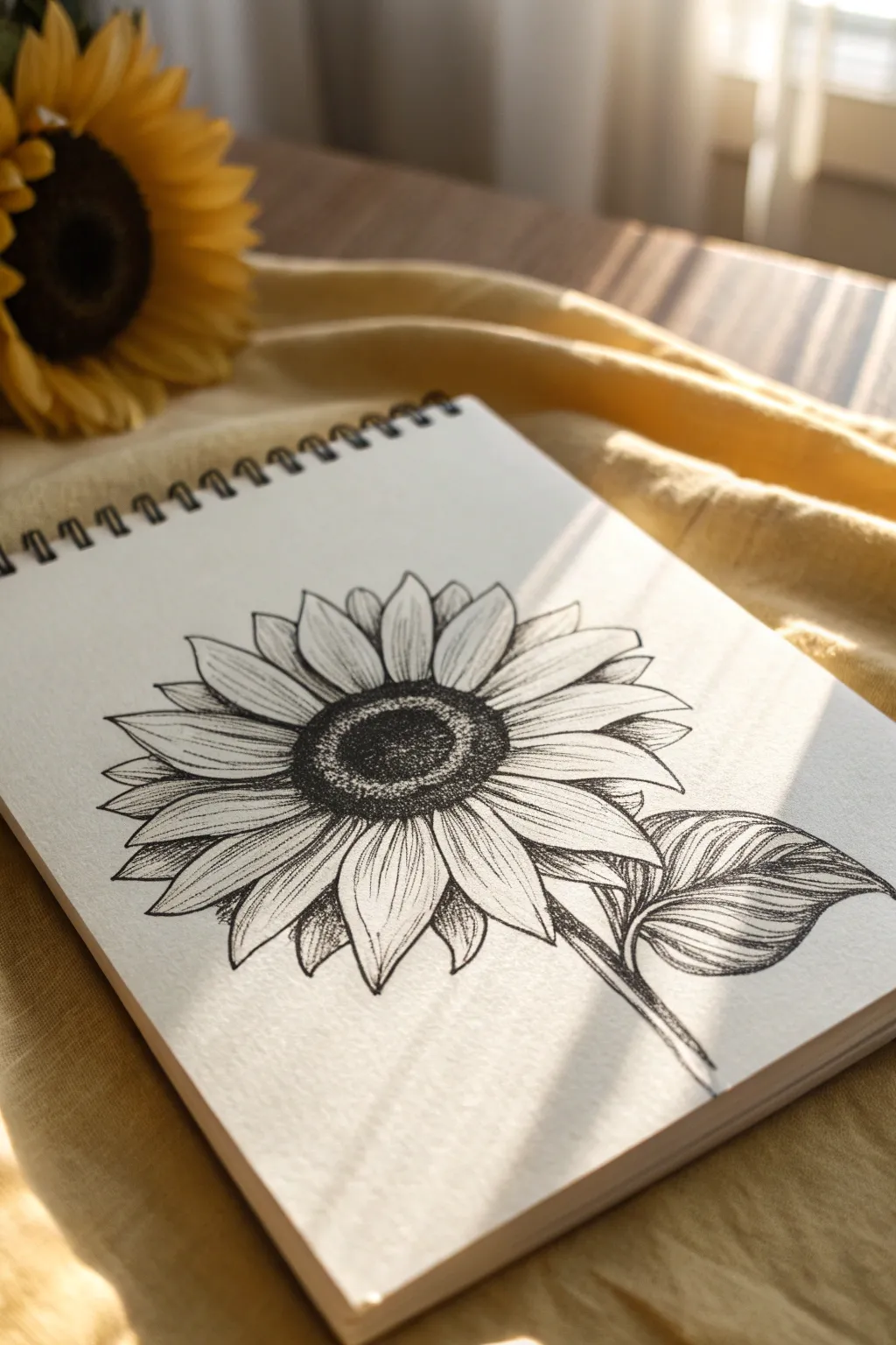 Sunflower pen study with a bold dark center and delicate hatching for clean, modern practice.