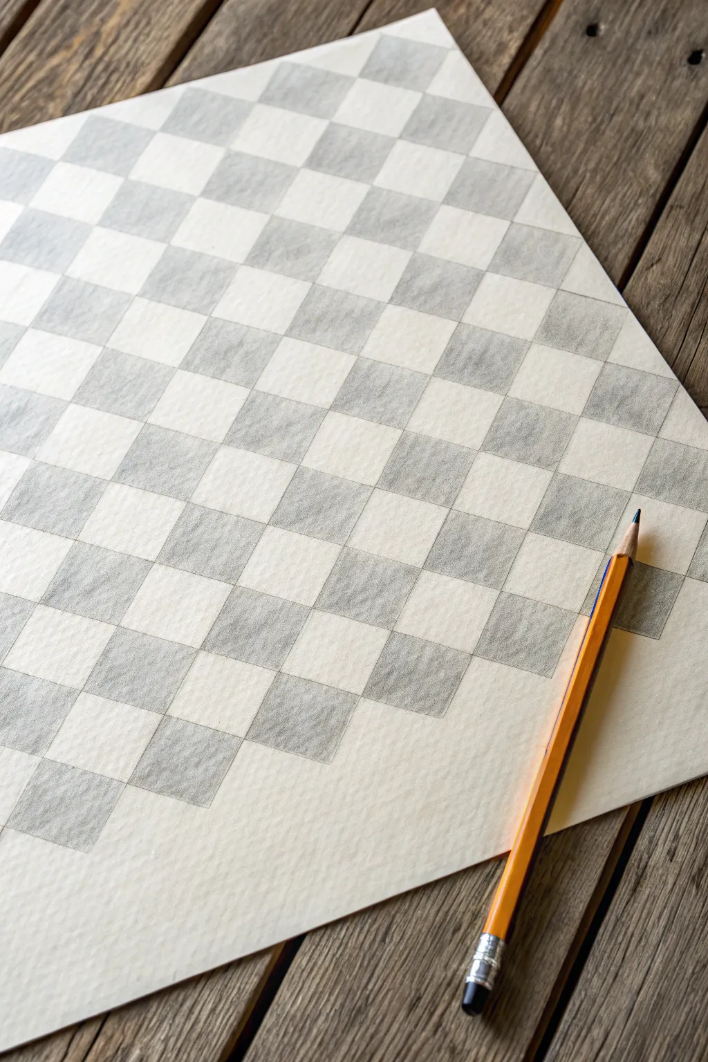 Create a warped checkerboard illusion with simple pencil shading and bold contrast.