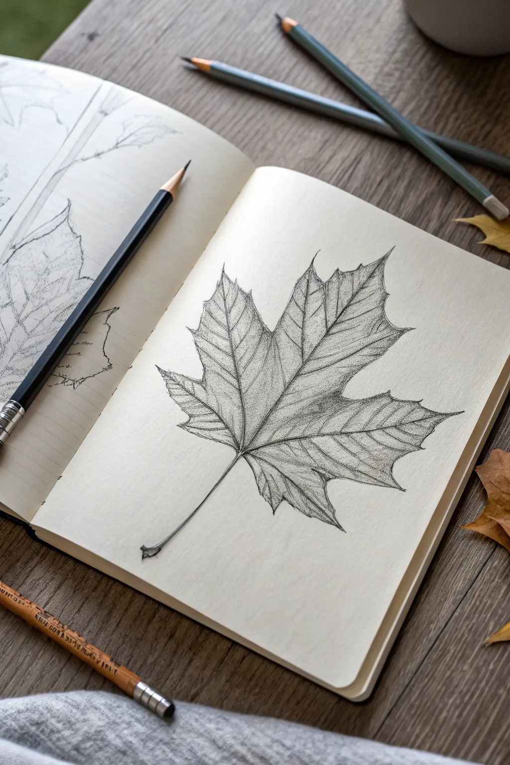 Minimal leaf study in pencil with clear veins, crisp edges, and soft shading for depth