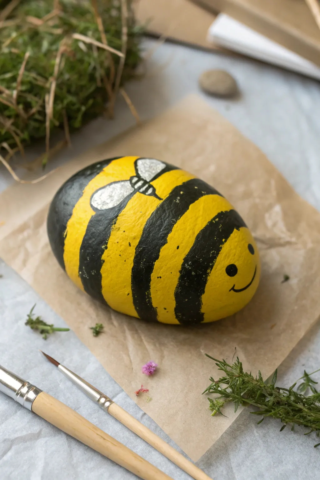 Bumblebee stripe pet rock with tiny wings, bold color contrast, minimalist craft vibes