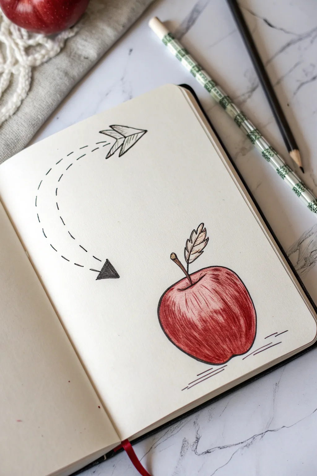 Newton-inspired apple motion sketch: minimal lines, bold color, calm Nordic-boho vibe.