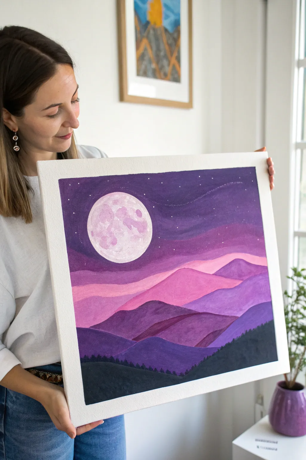 Glowing full moon over magenta hills in dreamy pink and purple layers, minimal boho Scandinavian style